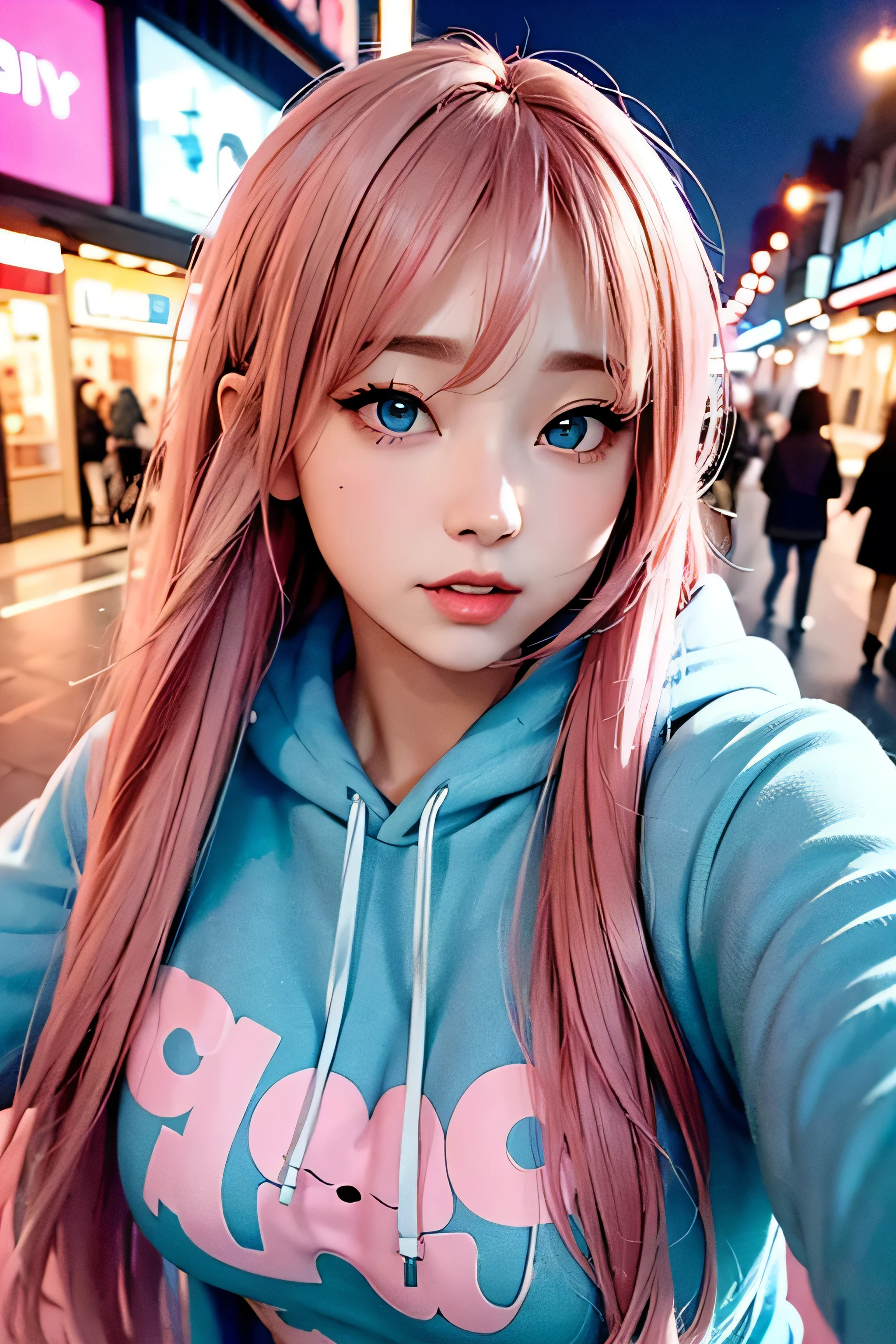a cute girl, blue eyed, pink and long hair, breast, wearing a Hoodie, on town at night, Take a selfie, by style of onii kei, dreamy and romantic, light gray and light amber, jagged edges, light teal and light red, timeless beauty, 8k