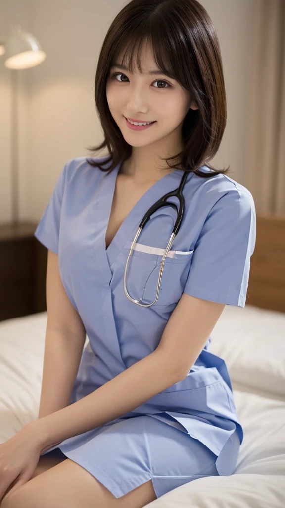 (Highest quality: 1.5), (Realistic: 1.5), (1 person: 1.5), Very detailed, High resolution, 8k,Natural color lips, Cute Smile, Japanese women, 20-year-old girl, Beautiful and elegant features, Perfect and beautiful face, Balanced big eyes, Beautiful and elegant features, Natural double eyelids, Natural Bangs, Beautiful thin nose, Beautiful Skin, Medium Bob Hair , Natural Bangs , Perfect and beautiful face, Slim face and figure, (Looking at the camera with a sweet smile), Bright lighting, Professional Lighting, Forward lighting, Beautiful feet: 1.2, Smooth Skin, Slender body, Slim waistline, slim thin thighs, Cleavage, Detailed clothing, (real short nurse uniform:1.2), (Breast nurse:1.4), Stethoscope, Ultra HD, Realistic, bedroom