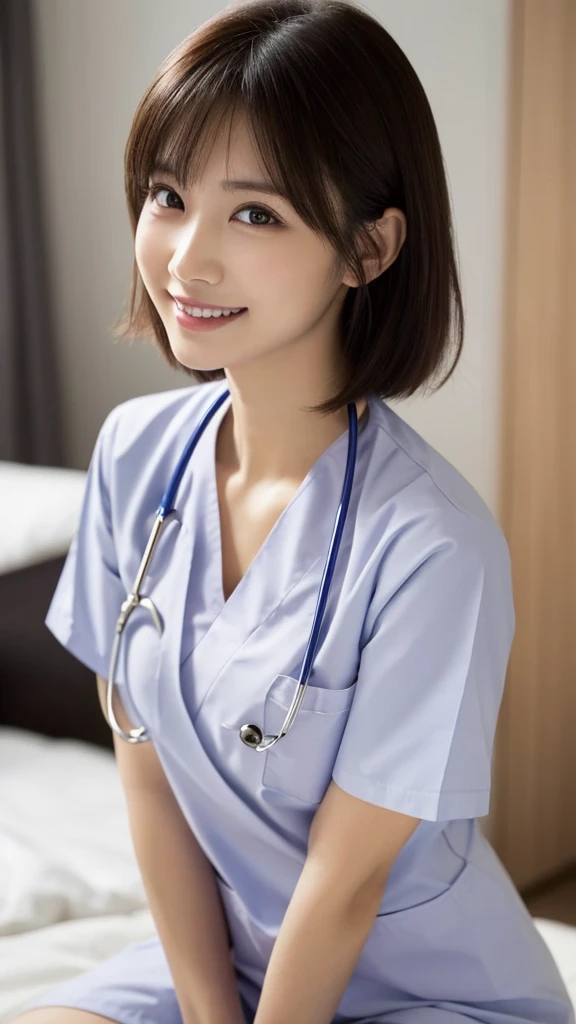 (Highest quality: 1.5), (Realistic: 1.5), (1 person: 1.5), Very detailed, High resolution, 8k,Natural color lips, Cute Smile, Japanese women, 20-year-old girl, Beautiful and elegant features, Perfect and beautiful face, Balanced big eyes, Beautiful and elegant features, Natural double eyelids, Natural Bangs, Beautiful thin nose, Beautiful Skin, Medium Bob Hair , Natural Bangs , Perfect and beautiful face, Slim face and figure, (Looking at the camera with a sweet smile), Bright lighting, Professional Lighting, Forward lighting, Beautiful feet: 1.2, Smooth Skin, Slender body, Slim waistline, slim thin thighs, Cleavage, Detailed clothing, (real short nurse uniform:1.2), (Breast nurse:1.4), Stethoscope, Ultra HD, Realistic, bedroom
