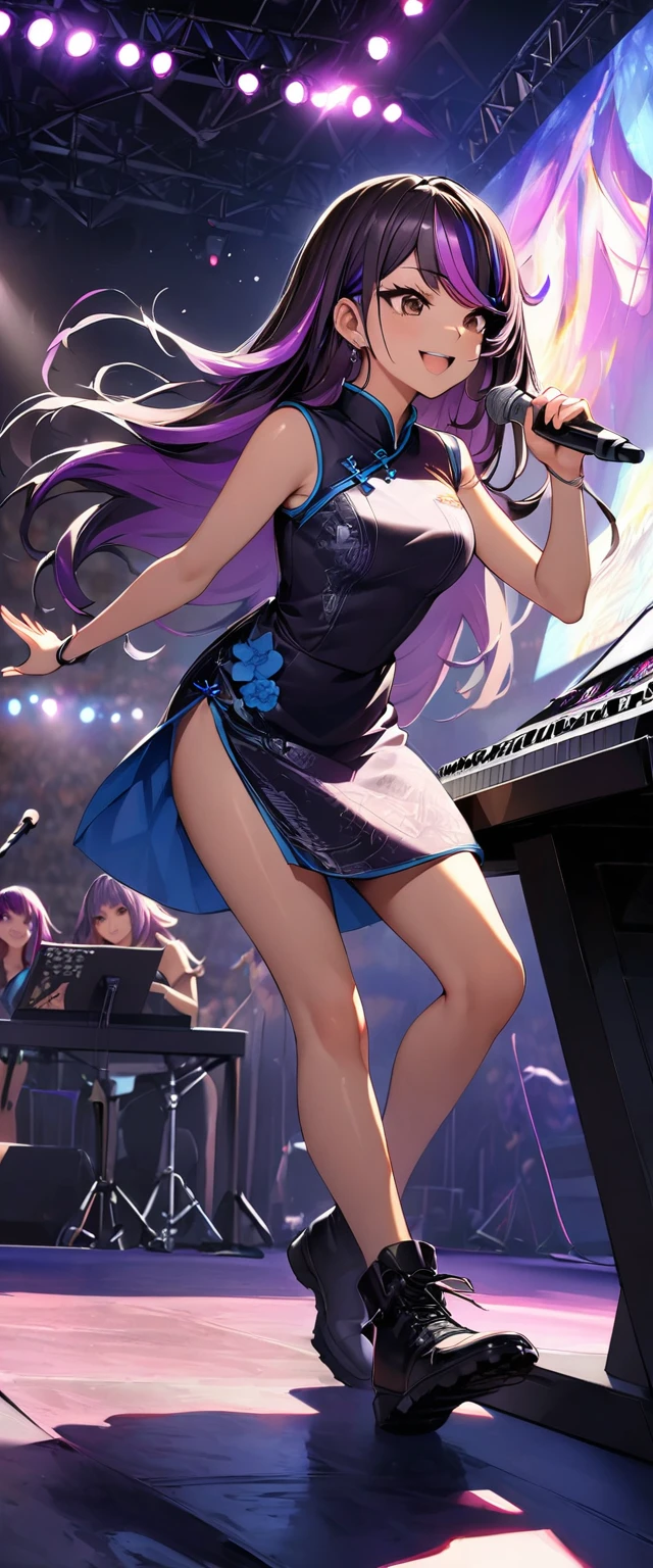 (highest quality:1.2, Very detailed, up to date, Vibrant, Ultra-high resolution, High Contrast, masterpiece:1.2, highest quality, Best aesthetics), Portraiture、girl、keyboard player、stage、performance、Rock Music、Bright colors、Beautiful fine details、Beautiful lip detail、long hair、black and purple ((streaked hair:1.6)), highlights hair: 1.5, brown eyes, slim body, (small breast:0.7), Music band、standing in keyboards booth, Cheerful pose、(raise left hand high:1.5), Concert Light、Edgy Style、(colorful Cheongsam:1.2), (no sleeve:1), Dynamic Movement、hypnotic sounds、Stadium、amplifier、Loud music、(playing keyboards:1.6), (Floral Fineline tattoo design on left arm:1), Passionate performance、Sparkling stage、Concert atmosphere、Music Festival、Full of emotion、Rock star attitude、Resolute expression、Avid Fan、The presence of an attractive stage、 Expressive gestures、Rock star aura、An exciting atmosphere、An unforgettable show, closs earing, (full body:1.5)