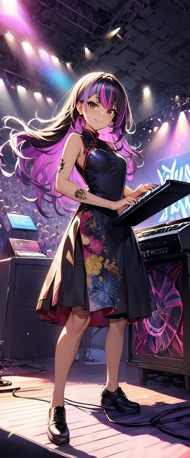(highest quality:1.2, Very detailed, up to date, Vibrant, Ultra-high resolution, High Contrast, masterpiece:1.2, highest quality, Best aesthetics), Portraiture、girl、keyboard player、stage、performance、Rock Music、Bright colors、Beautiful fine details、Beautiful lip detail、long hair、black and purple ((streaked hair:1.6)), highlights hair: 1.5, brown eyes, slim body, (small breast:0.7), Music band、standing in keyboards booth, Cheerful pose、(raise left hand high:1.5), Concert Light、Edgy Style、(colorful Cheongsam:1.2), (no sleeve:1), Dynamic Movement、hypnotic sounds、Stadium、amplifier、Loud music、(playing keyboards:1.6), (Floral Fineline tattoo design on left arm:1), Passionate performance、Sparkling stage、Concert atmosphere、Music Festival、Full of emotion、Rock star attitude、Resolute expression、Avid Fan、The presence of an attractive stage、 Expressive gestures、Rock star aura、An exciting atmosphere、An unforgettable show, closs earing, (full body:1.5)