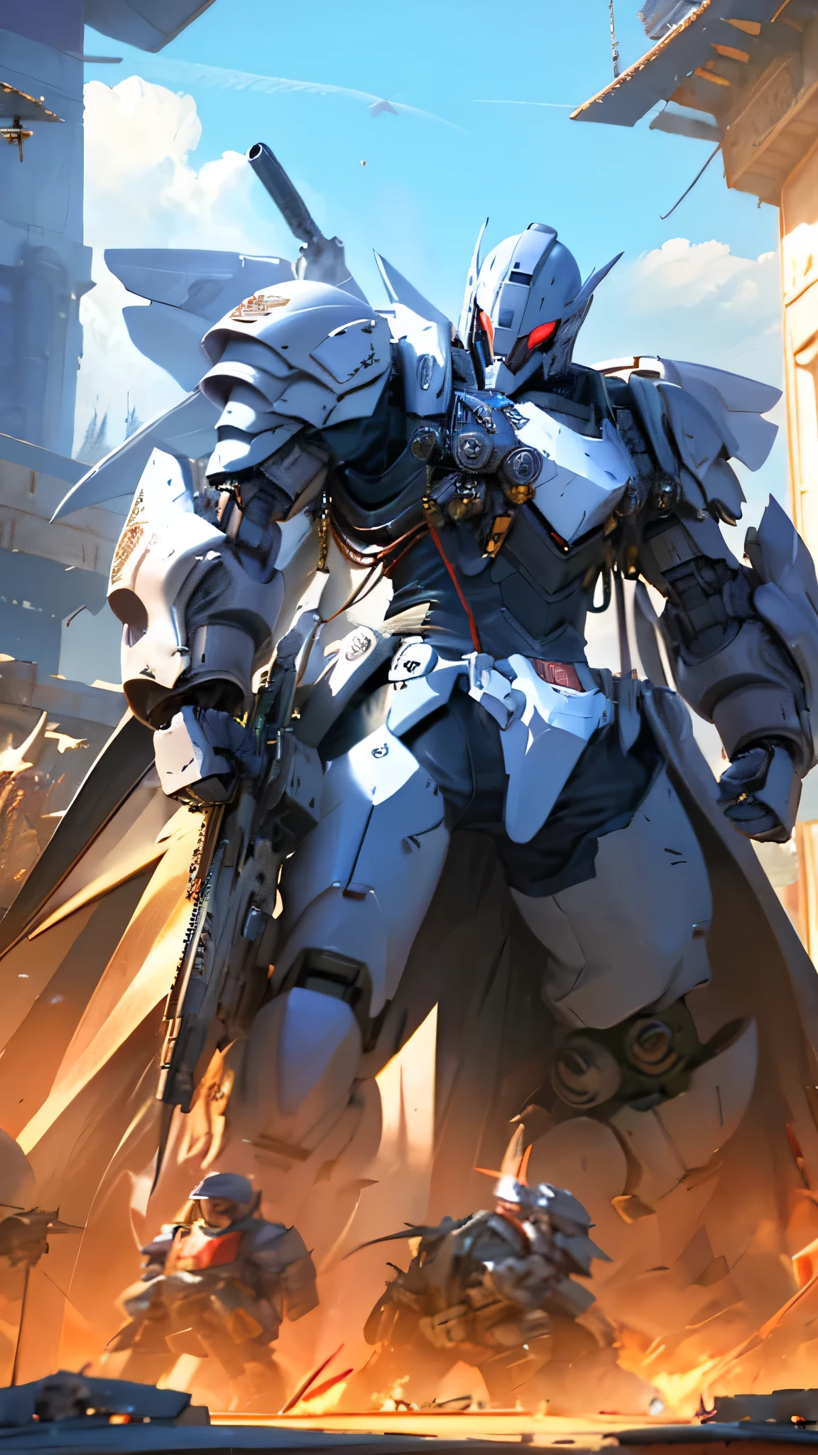 最high quality、Best image quality、masterpiece、Giant Mecha((humanoid、Railgun、Bulletproof vest、Jetpack、Red visor、Run、Chainsaw,Full of wounds,gas mask、Gold Color、Fighting Pose、Muscular,destruction))high quality、Beautiful art、background((underground,Fighting the monsters)),Tabletop、Exquisite design、Visual Arts、Written boundary depth、Best lighting、The finest details、8k