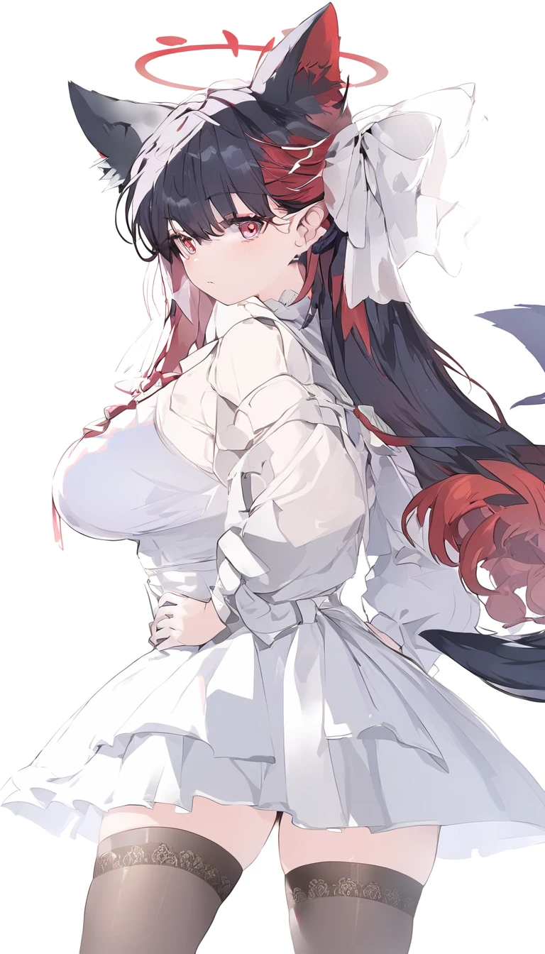 a woman that is dressed in outfits for a cosplay shoot and she is drawn, 1girl, animal ears, solo, tail, black hair, thighhighs, multicolored hair, red hair, skindentation, looking at viewer, wolf ears, hands on hips, gloves, wolf tail, long hair