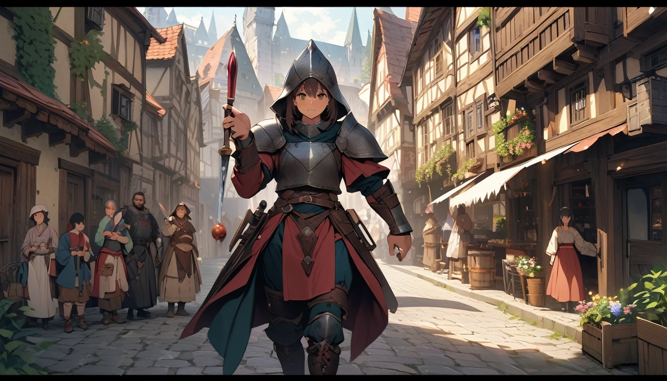(masterpiece:1.4), (Highest quality:1.4), Very detailed, Complex, Very detailed, shape,Soft lighting, In the city, More than one personで語り合う, Hopeful Face, smile, More than one person, Mixed gender, a group of adventurers, character from RPG games, (character: human, Fairy, Fairy, Dwarf, The Hobbit), (exterior: Swordsman Style, Shaman Style, Monk Style, Magician style), (belongings: Long sword, dagger, Holy Staff, Magic wand, shield, metal armor, Leather Armor), Perfectly accurate anatomical shape、All limbs intact、Perfect full finger, Colorful characters, Medieval old townscape, Huge, Majestic, Ready for adventure?, Uplifting expressions, みんなのsmileが素晴らしい.