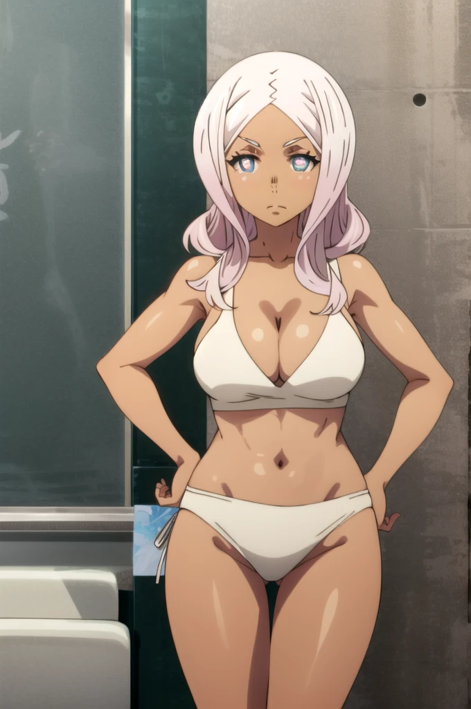 tall body, tall, long legs, mature female, mature, adult, eft_FireForce_Hibana, 1girl, solo, dark skin, dark-skinned female, breasts, large breasts, big breasts, huge breasts, big tits, symbol-shaped pupils, cleavage, long hair, white hair, blue eyes, parody, pink hair, looking at viewer, upper body, small bikini, white bikini, bare shoulders,