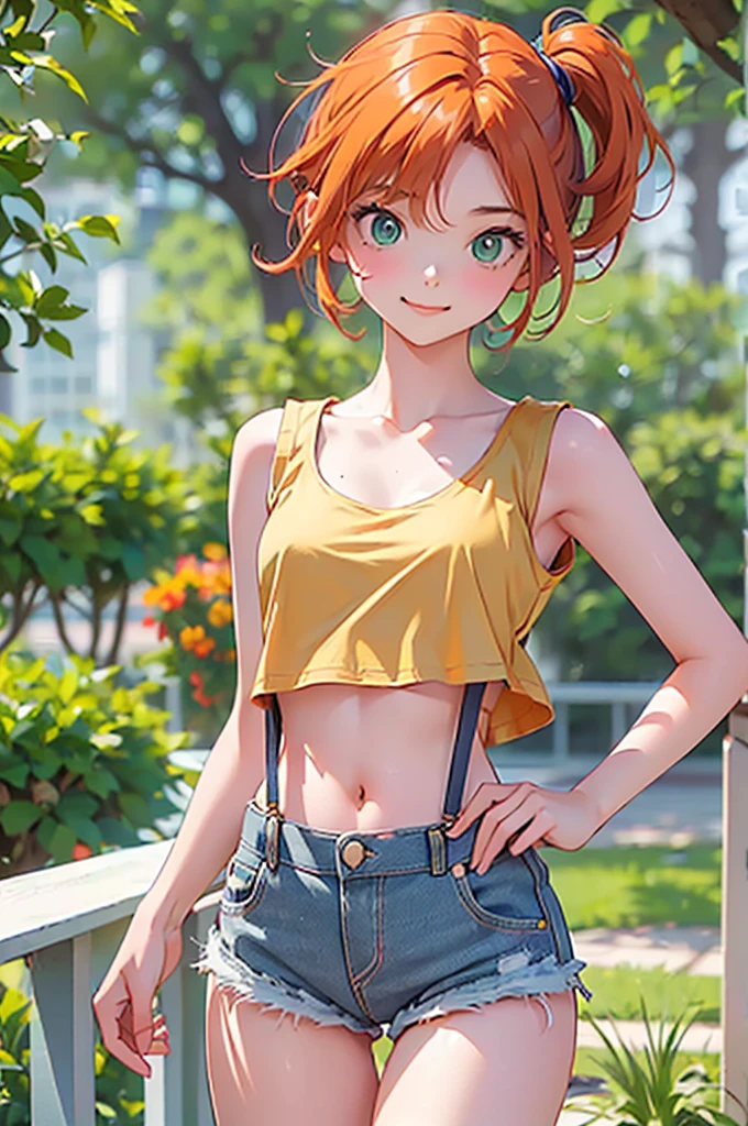 ((masterpiece,High resolution,Highest quality,8k,Detailed faces and anatomy))
(Misty_Pokemon)(One 18-year-old woman)
(Berry Short,Orange Hair,one side up hair,Big green eyes,Small breasts,Skinny)
(Yellow sleeveless T-shirt,Belly button exposed,Denim hot pants,Red suspenders)
Grin