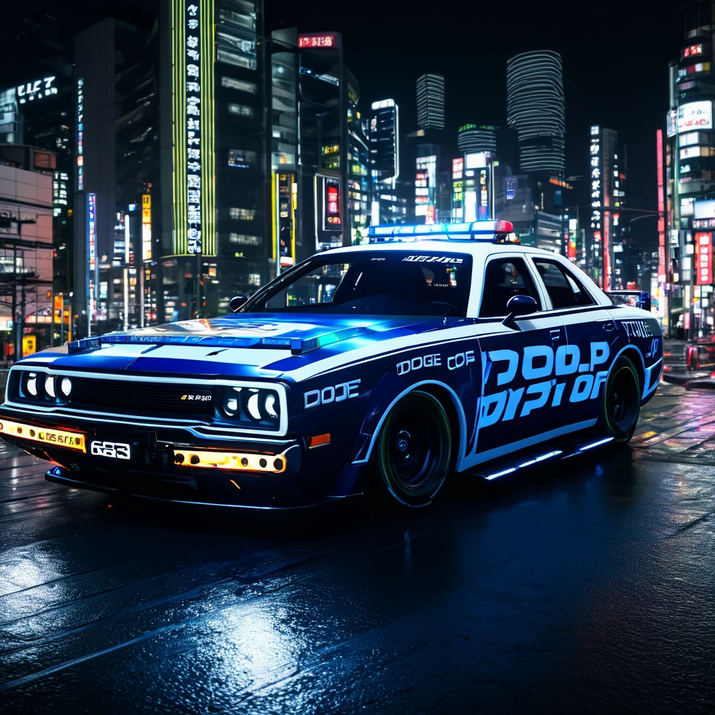 Realistic lighting, best quality, 8K，dodge cop car, Drifting, Cyber style, the background is a night view of tokyo