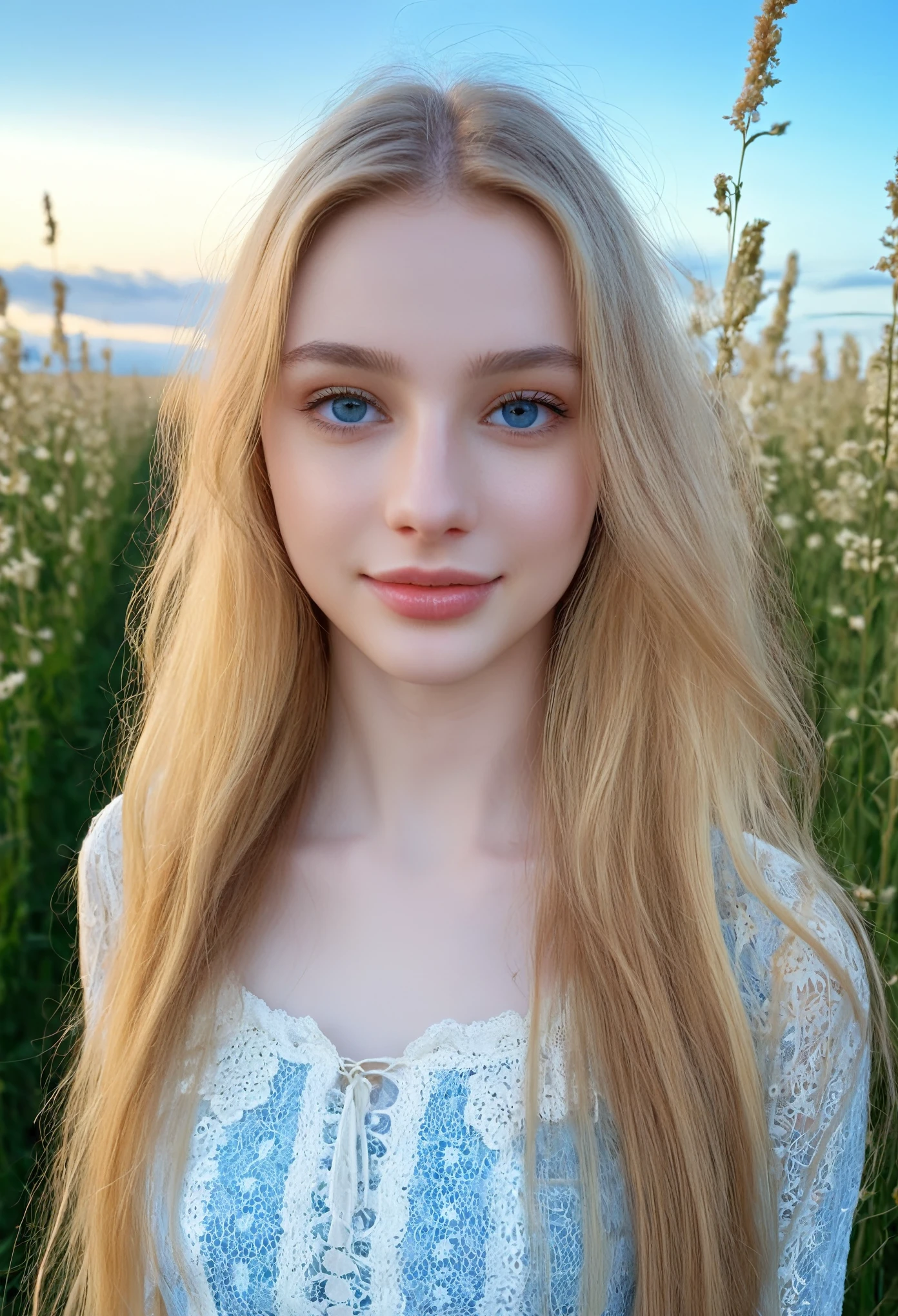 ((intricate details, pale skin)), solo, very detailed, detailed face, very long hair, picture of a beautiful young woman, NOT Dasha Taran, sfw, ((natural blonde hair)), High Definition RAW Photography, 16k photography, (full body), standing, delicate facial features, pretty face, detailed full body, visible from head to knees, (bright sky-blue eyes:1.2), mesmerizing eyes, emotive longing expression, (cinematic, film grain:1.1), smiling, sunlight ilumination