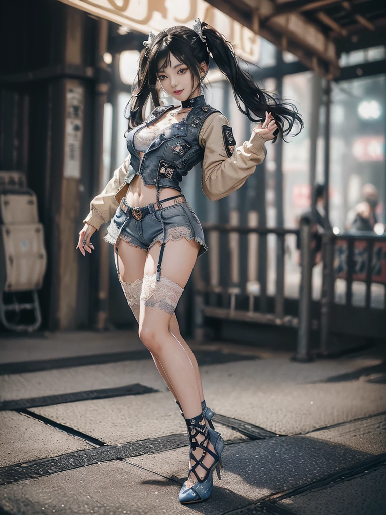 (Full Body View:1.2)、(Full body:1.3)、(Smiling with teeth showing:1.3),(Shibuya Gal:1.5)、(Beautiful:1.4)、(Neo-goth fashion:1.5)、(Punk RockVisual Kei:1.3)、(Futuristic bodysuit in white, beige and denim with embellishments:1.5)、(A delicate short jacket in denim, beige and navy:1.5)、(Denim garter belt:1.5)、(Tattered denim and a white micro mini skirt:1.3)、(Heart-shaped silver accessories:1.5)、(Brown Skin Belt:1.4)、(Blue High Heels:1.4)、(Lace patterned underwear:1.4)、20-year-old、NSFW,((Highest quality、In 8K、masterpiece:1.3))、Sharp focus:1.2、(Layered Cut、Huge boobs:1.1),Beautiful woman with perfect figure:1.4、(Doing an aerobics pose:1.3)、Slender Abs:1.2、Butt、Highly detailed face and skin texture、Detailed eyes、double eyelid,(Twin tails:1.3)、(Black brown hair:1.3)、Obscene、Gravure idol、(Luxurious amusement park at night:1.3)、(Make your legs thinner:1.4)、(Thin thighs:1.4)、(Slim body:1.3)、(clavicle:1.1)