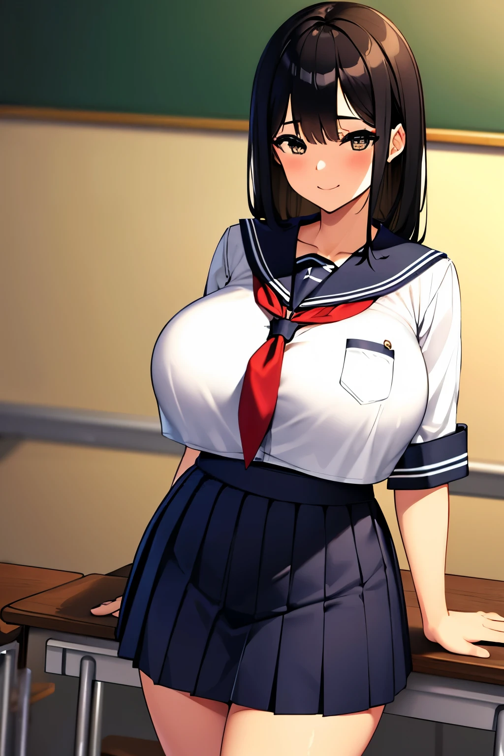 (超High resolution,4K,Very detailed, photograph, 8k, High resolution, High resolution, Absurd:1.2),18 year old Japanese female,Black Hair,Beautiful character design,Beautifully detailed eye depiction,Perfect Face,Expressive eyes,Brown eyes,Please smile with your teeth showing,(School Sailor Uniform,Navy Blue Skirt),Open clothes,White socks,Black Loafers,(Huge breasts:1.0),(See-through bra:0.3),Tight waist,In the classroom,Daytime,Cowboy Shot