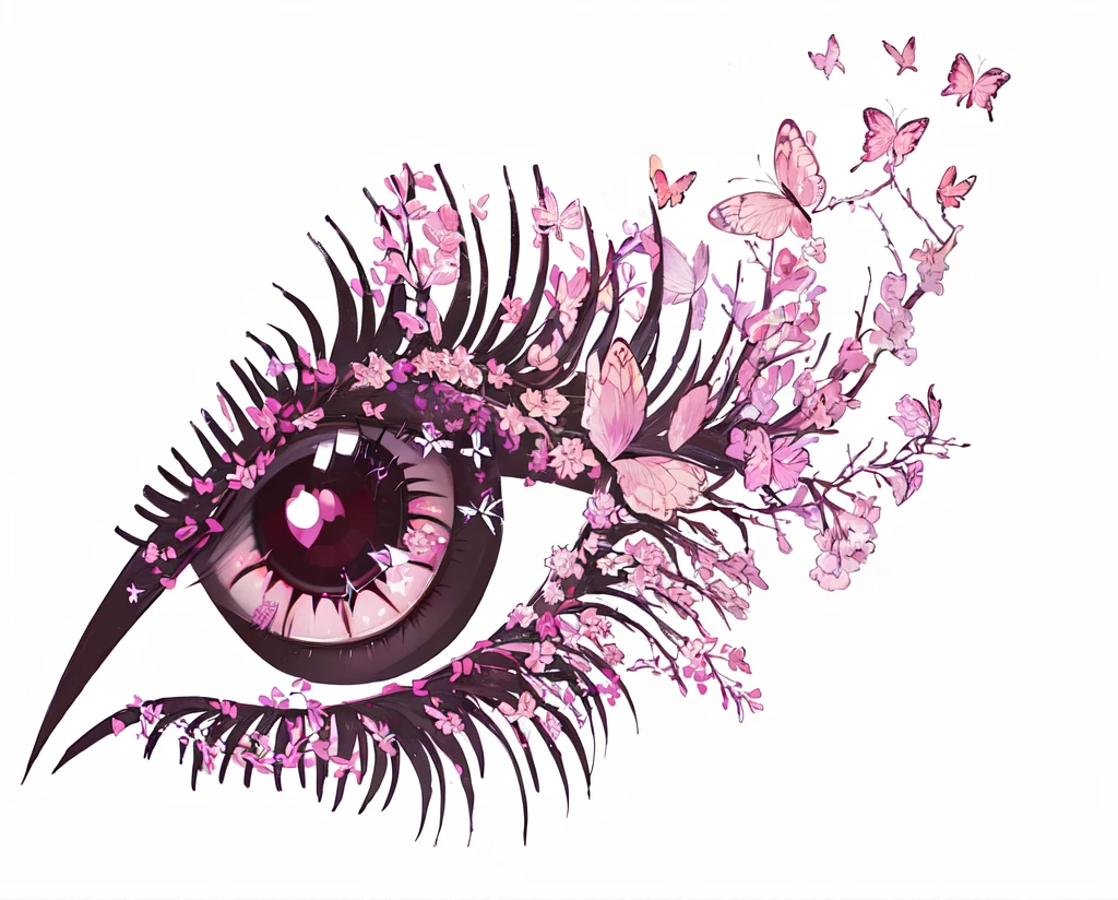 There is a painting,画中有一只eye of a woman,Butterflies fly around, beautiful eyes, Pink Eyes, A beautiful artistic illustration, Beautiful gazing eyes, big eyes,With eyelashes, Beautiful and delicate eyes, eye of a woman, Beautiful and delicate eyes, eye art, Detailed eyes with pupils, Eyes are exquisite, shimmer in eyes, glowing Pink Eyes, Magical eyes