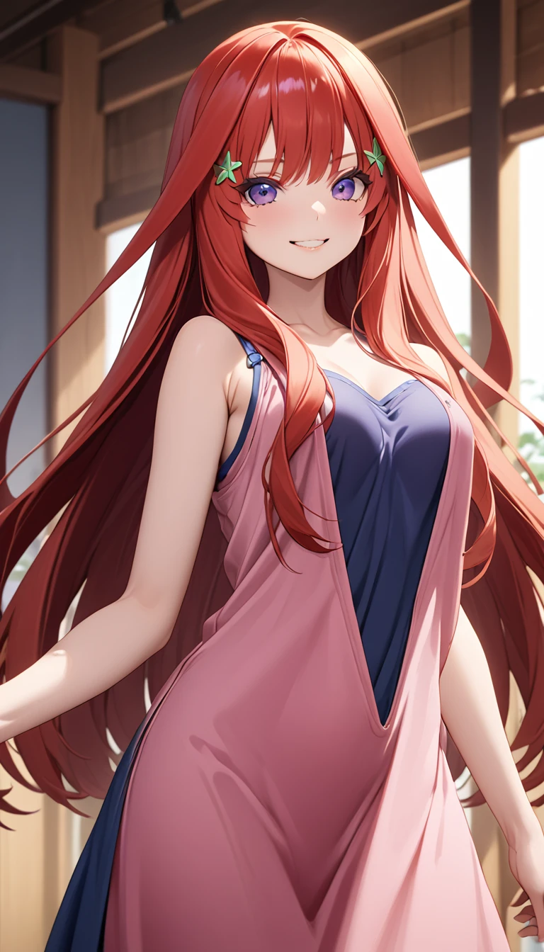 (Highest quality、Masterpiece、Very detailed、4K)、One Woman、************、Long Hair、Red Hair、(((Nakano May)))、smile、chest、arm