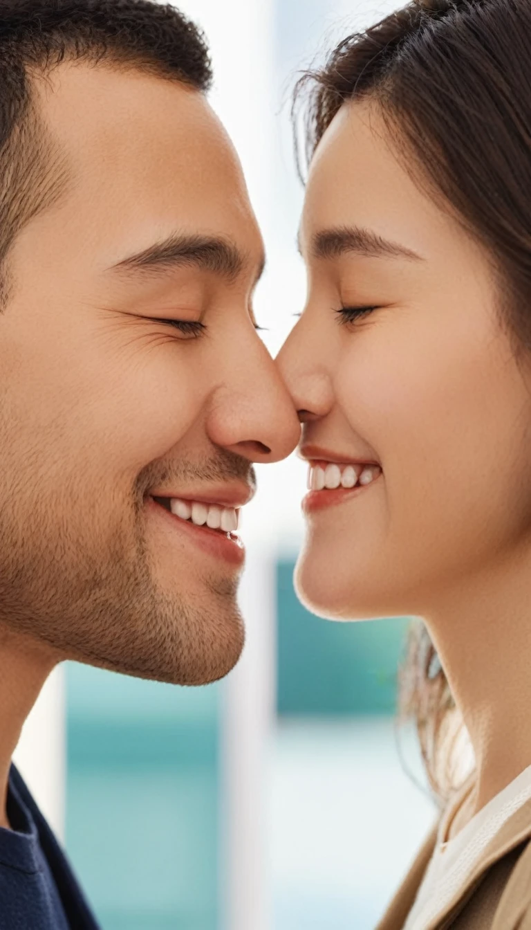 men and women２People face each other with their eyes closed, smiling and touching foreheads