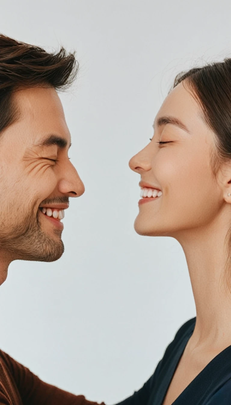 men and women2People face each other with their eyes closed, smiling and touching foreheads