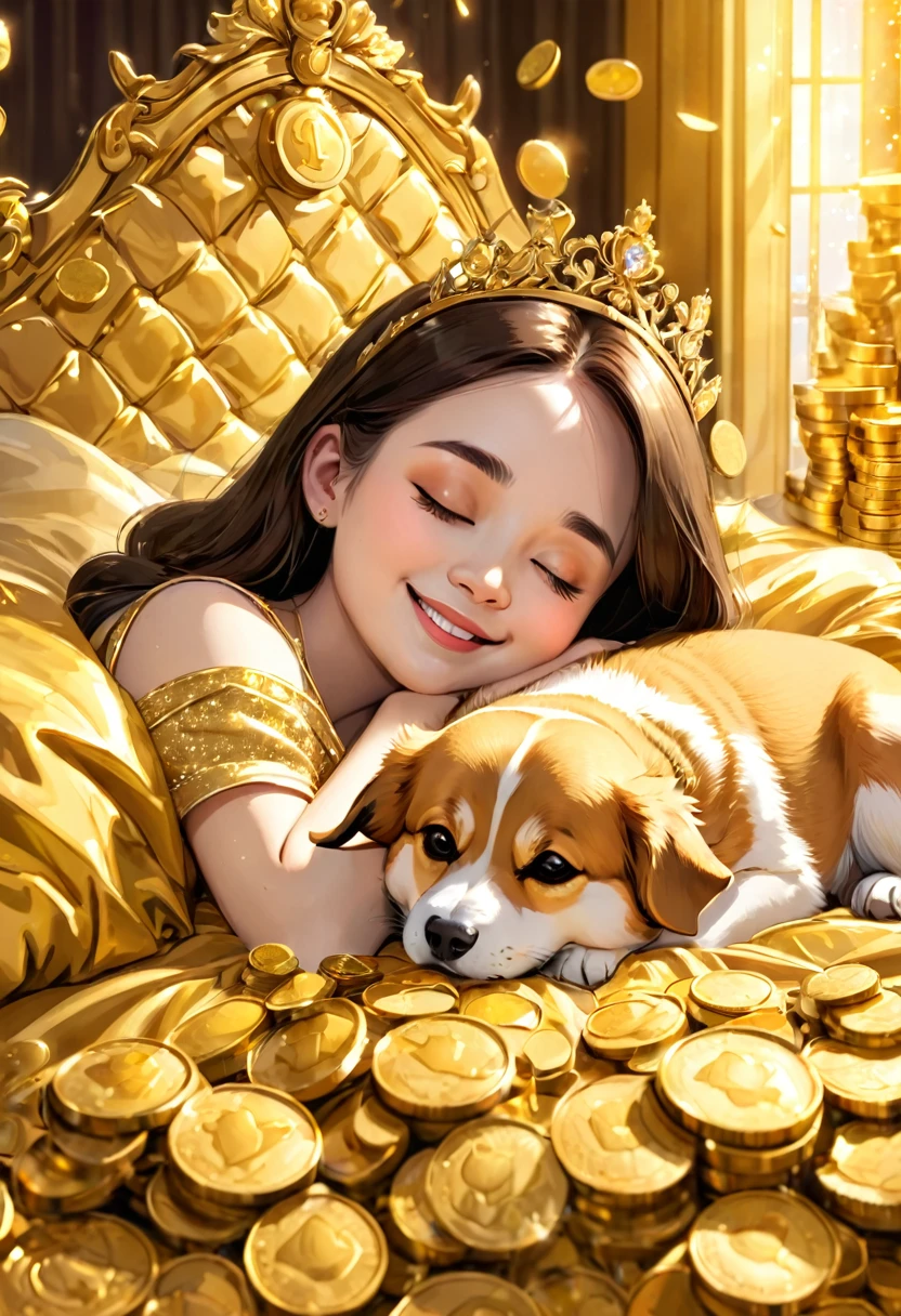 close-up, Princess and corgi sleeping on a gold bed, calm expression, smile, close eyes, surrounded by gold coins, full of money, stacked with gold coins, fine grains of light