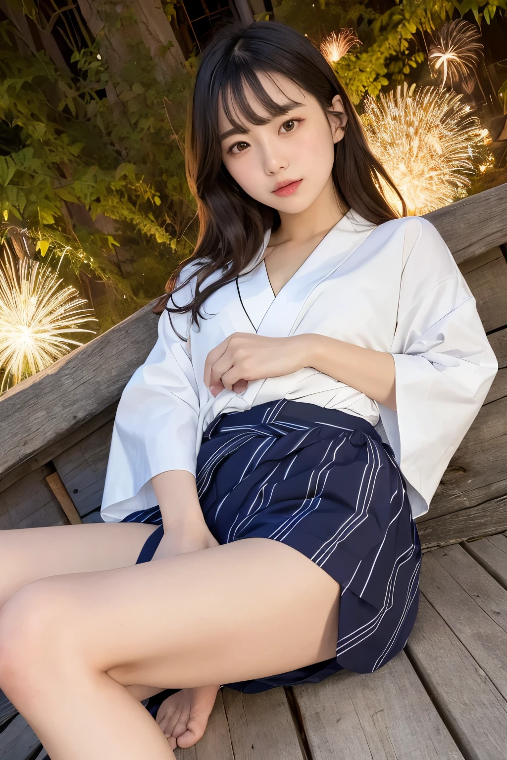 ((Highest quality)), ((masterpiece)), (detailed), One girl、Yukata with fireworks pattern、glamorous、Lying down、The hem is open, exposing her pants、nature、front