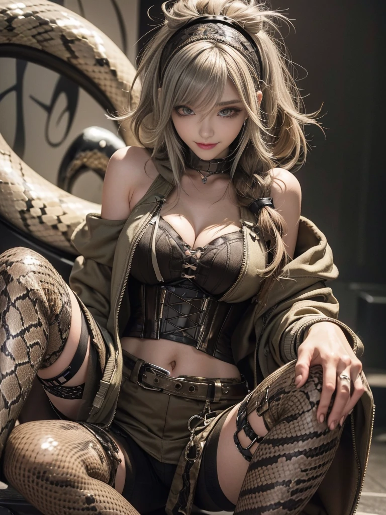 (Smiling with teeth showing:1.3),(Shibuya Gal:1.5)、(Beautiful:1.5)、(Neo-goth fashion:1.5)、(Punk RockVisual Kei:1.5)、(An off-the-shoulder hoodie in khaki and brown with delicate silver accessories.:1.5)、(A corset with a delicate beige and brown design:1.4)、(Dark grey, khaki and brown snakeskin bodysuit:1.5)、(Snake print headband:1.3)、(Beige and charcoal knee socks:1.4)、Embellished collar and long boots、(I&#39;m selling snake print underwear.:1.4)、(Long eyelashes:1.3)、(20-year-old)、((Highest quality、8k、masterpiece:1.3))、1 Female、Slim and beautiful abs:1.3、(hairstyle casual、Beautiful boobs:1.1)、(Doing an aerobics pose:1.3)、dress:1.1、Super small face、Narrow eyes、double eyelid、A sloppy smile、Esbian all over body、Dynamic Angle、Close-up、CPL Filter、Blurred Background、Bokeh、Blue Hour、Detailed face and skin texture、Detailed eyes、,(Twin tails:1.3)、(Black brown hair:1.3)、Gravure idol、(The background is a glamorous dance hall:1.3)、(Make your legs thinner:1.4)、(Slim body:1.3)、(clavicle:1.1)