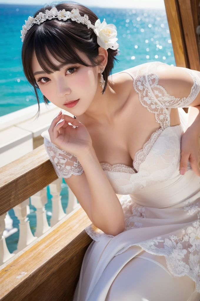 (8k, Photorealistic, Raw photo, Highest quality: 1.4),Japanese idol-style beautiful girl,model,1 person,18-year-old,(Short Bob),(Black Hair),tiara,She has her hair tucked behind her ears,Clear grey eyes,(Long eyelashes),(eye shadow),(Eyeliner),(eyeliner),(piercings(small)),cheek(Beige brown color),(Lip gloss(Deep vermilion)),lips(Plump,glossy),Translucent white and finely textured skin,thin long neck,Thin and delicate shoulders,(Lace gloves(White)),(Wedding Bouquet :1.1),(Wedding dress((Frills),(Lace embroidery),(Plumpしたロングスカート :1.2))),(layer),(High heels(White)),(Church window with ocean view background),Smiling at the camera,(Full body portrait)