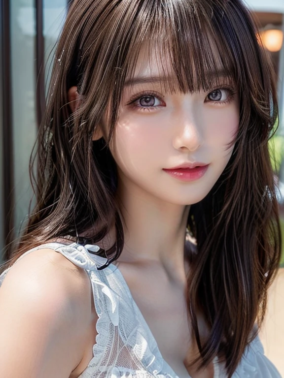 (masterpiece:1.2, Highest quality), (Beautiful, detailed eyes: 1.2, Beautiful skin, Beautiful hair), ((Straight bangs, Medium Bob Hair)), (Detailed eyes and face:1.3), Perfect Face, seductive eyes, (Beautiful and vivid background:1.2), (Highly detailed CG, Super detailed, Best Shadow:1.1), ((Depth of written boundary)), ((watercolor)), beautiful concept figure, (figure:1.1), (Very nice and beautiful:1.1), (Perfect detail:1.1), From the chest up, Cowboy Shot, Facing the camera, Good posture and dignity, soft smiling, evening sunset, glossy lips, Soft Light, revealing dress, Woman,