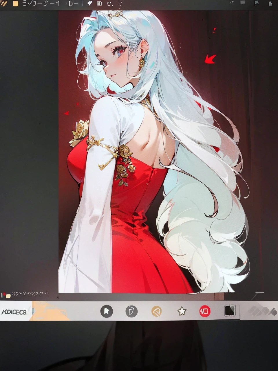 Add in roses to her dress, a good back dress design with some golden jewelry, make her dress into a red and white gown with a hat, give her some unique Jewelry, and make her look somewhat of a demonic angel like appearance to her