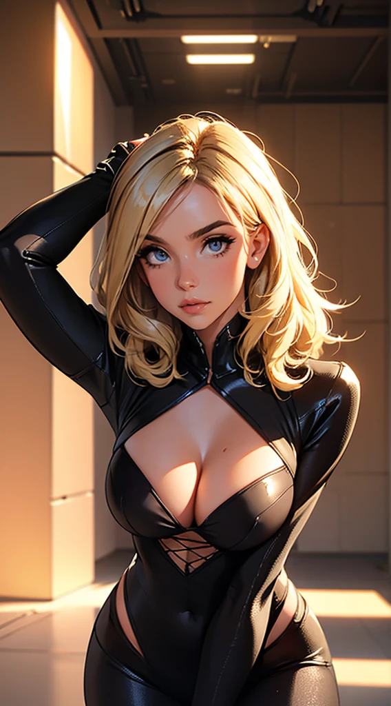 1 girl, Natural photography of a beautiful girl, wearing a futuristic dancer outfit , leaning over, medium hair, big bust, locks eyes into the camera, symmetrical eyes, symmetrical face, (masterpiece) (best quality) (detailed) (8k) photorealistic, photography, path tracing, specular lighting, volumetric face light, path traced hair, visible shadows, intricate, elaborate, oiled , cleavage, wet skin, flirty, , blush, dark eyeliner, hanging breasts, strap gap, leaning forward, blonde