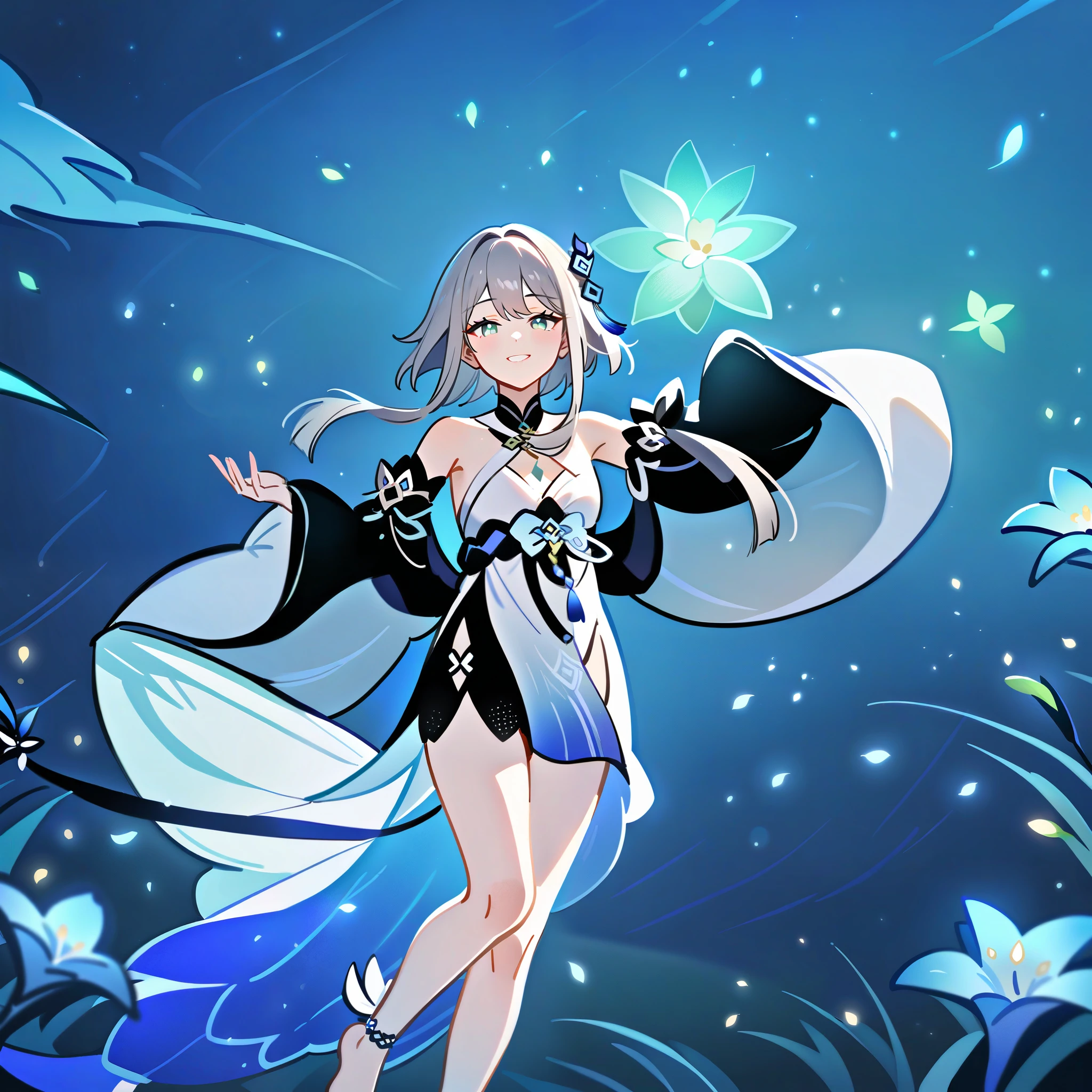 1girl, guizhong_\(genshin_impact\),light grey hair,short_hair_with_long_locks,starry_sky_print,detached_sleeves, long sleeves that drape over hands past fingers,dancing,hanfu,illustrated by matsuryuu and agahari and dsmile,pale green-grey eyes,stunning field of softly glowing blue and white glaze lilies,night scene,gentle smile,moonlight,glossy lips,vivid anime coloring,cel shading,smooth, soft dreamy focus,anklet,halter_top,white clothes,highly detailed,digital painting,field of flowers,bare_shoulders,wlop,barefoot,cool night tones, magical night scene,masterpiece, best quality, film, bokeh, multicolored light particles,professional, 4k, highly detailed,fireflies,Guardian nebula of rainbow light and silvery vapor,ai-generated,goddess of stardust