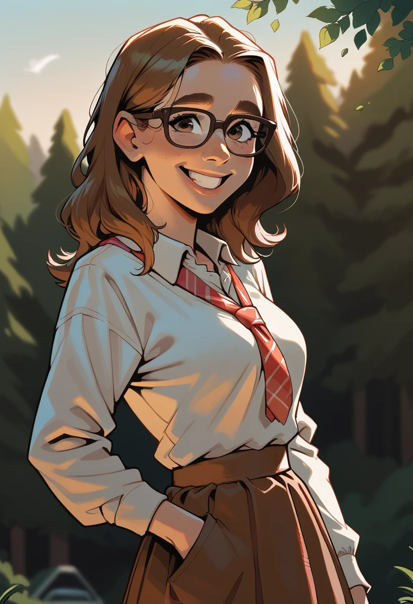 1girl, european girl, 18 years old, long light-brown hair, straight hair, a strand behind the ear, cute face, smile, outdoor clothes, long brown skirt, glasses, standing, school camp, school, source_realictic, deatiling panting, brown eyes, detailing body, side view