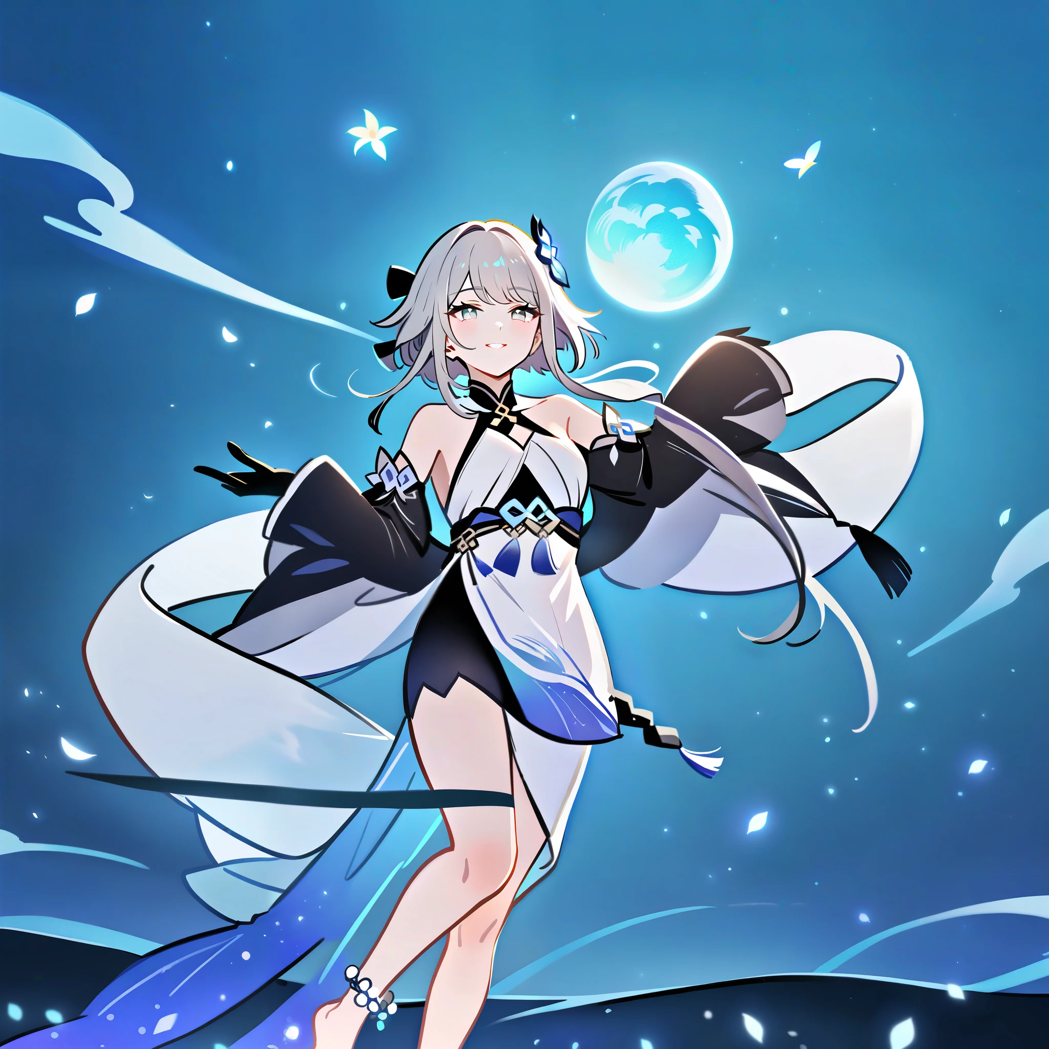 1girl, guizhong_\(genshin_impact\),light grey hair,short_hair_with_long_locks,starry_sky_print,detached_sleeves, long sleeves that drape over hands past fingers,dancing,hanfu,illustrated by matsuryuu and agahari and dsmile,pale green-grey eyes,stunning field of softly glowing blue and white glaze lilies,night scene,gentle smile,moonlight,glossy lips,vivid anime coloring,cel shading,smooth, soft dreamy focus,anklet,halter_top,white clothes,highly detailed,digital painting,field of flowers,bare_shoulders,wlop,barefoot,cool night tones, magical night scene,masterpiece, best quality, film, bokeh, multicolored light particles,professional, 4k, highly detailed,fireflies,Guardian nebula of rainbow light and silvery vapor,ai-generated,goddess of stardust