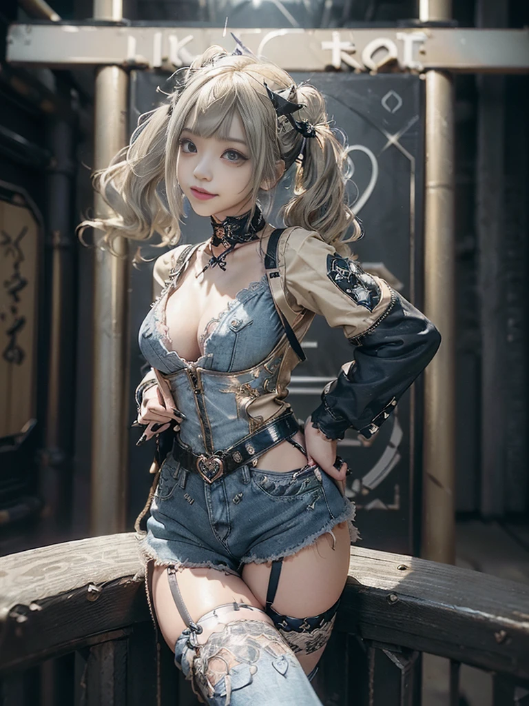 (Full Body View:1.2)、(Full body:1.3)、(Smiling with teeth showing:1.3),(Shibuya Gal:1.5)、(Beautiful:1.4)、(gothic  fashion:1.5)、(Punk RockVisual Kei:1.3)、(Futuristic baby doll in black, white and denim:1.5)、(A delicate jacket in beige, black and navy:1.5)、(Denim garter belt:1.5)、(Denim and black and white bodysuit:1.4)、(Heart-shaped silver accessories:1.5)、(Brown Skin Belt:1.4)、(Blue High Heels:1.4)、(Lace patterned underwear:1.4)、28 years old、NSFW,((Highest quality、In 8K、masterpiece:1.3))、Sharp focus:1.2、(Layered Cut、Beautiful boobs:1.1),Beautiful woman with perfect figure:1.4、(Doing an aerobics pose:1.3)、Slender Abs:1.2、Butt、Highly detailed face and skin texture、Detailed eyes、double eyelid,(Twin tails:1.3)、(Light gold colored hair:1.3)、Obscene、Gravure idol、(Luxurious amusement park at night:1.3)、(Make your legs thinner:1.4)、(Thin thighs:1.4)、(Slim body:1.3)、(clavicle:1.1)