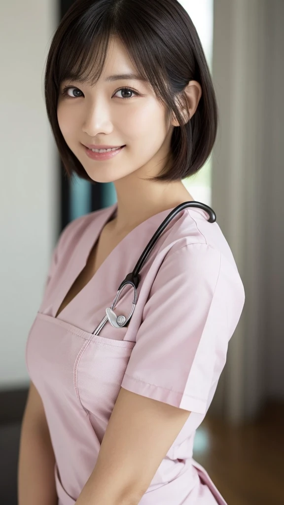 (Highest quality: 1.5), (Realistic: 1.5), (1 person: 1.5), Very detailed, High resolution, 8k,Natural color lips, Cute Smile, Japanese women, 20-year-old girl, Beautiful and elegant features, Perfect and beautiful face, Balanced big eyes, Beautiful and elegant features, Natural double eyelids, Natural Bangs, Beautiful thin nose, Beautiful Skin, Medium Bob Hair , Natural Bangs , Perfect and beautiful face, Slim face and figure, (Looking at the camera with a sweet smile), Bright lighting, Professional Lighting, Forward lighting, Beautiful feet: 1.2, Smooth Skin, Slender body, Slim waistline, slim thin thighs, Cleavage, Detailed clothing, (real short nurse uniform:1.2), (Breast nurse:1.4), Stethoscope, Ultra HD, Realistic, bedroom, Light Pink