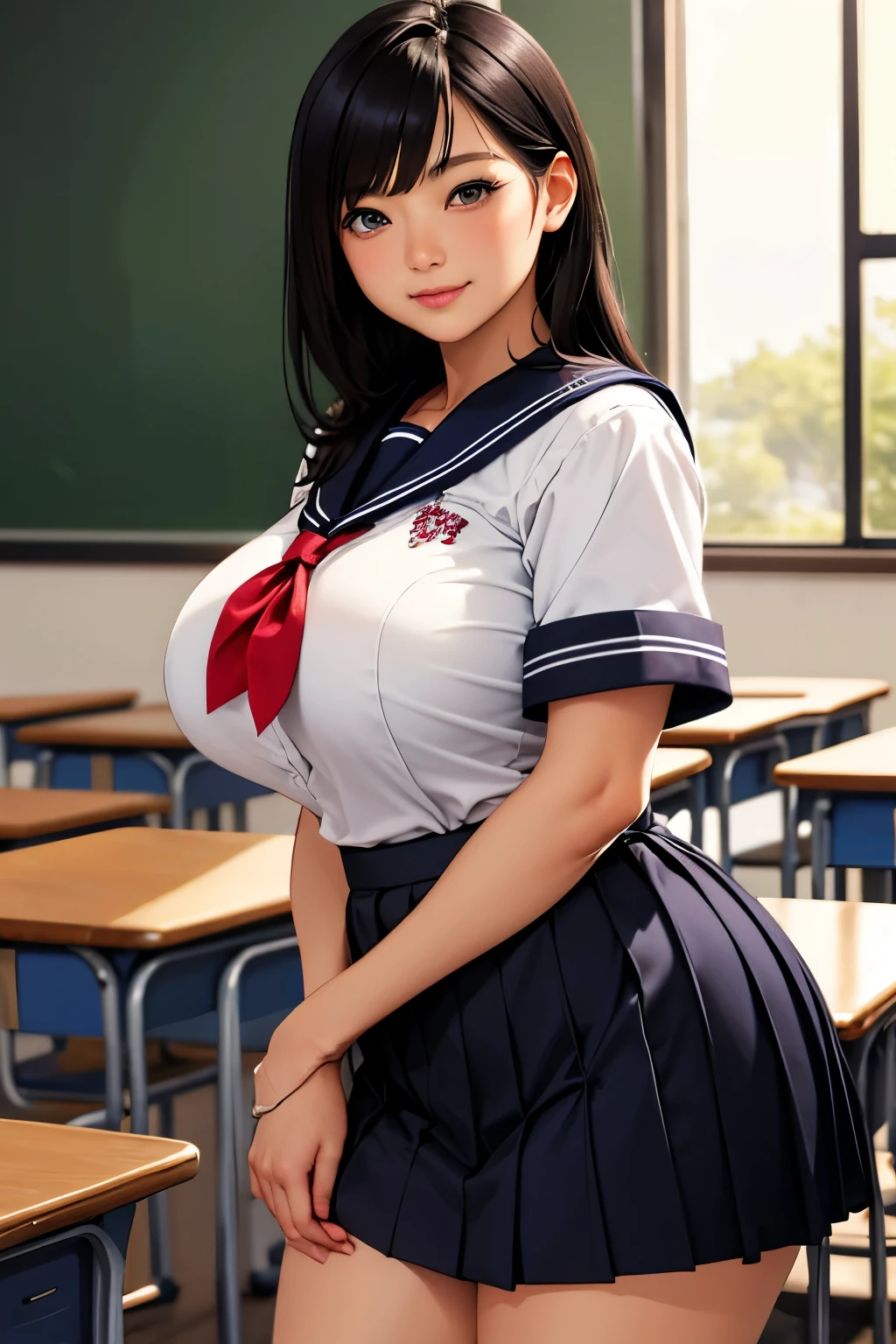 (超High resolution,4K,Very detailed, photograph, 8k, High resolution, High resolution, Absurd:1.2),18 year old Japanese female,Black Hair,Beautiful character design,Beautifully detailed eye depiction,Perfect Face,Expressive eyes,Brown eyes,Please smile with your teeth showing,(School Sailor Uniform,Navy Blue Skirt),Open clothes,White socks,Black Loafers,(Huge breasts:1.0),(See-through bra:0.3),Tight waist,In the classroom,Daytime,Cowboy Shot