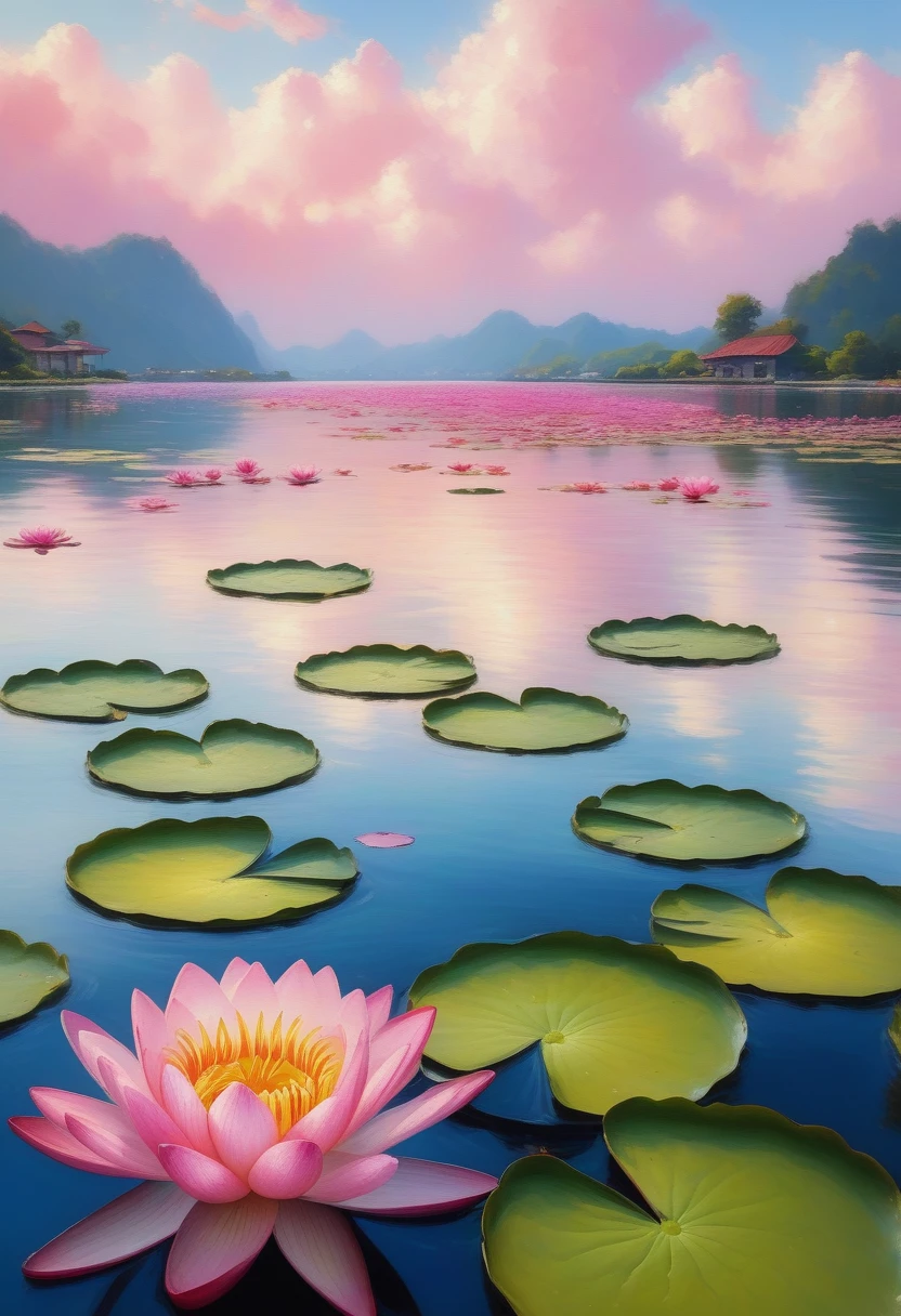 写实style, beach, cloud, Sky, water, flower, waterlily, Soft seat cushion, 莲flower, pink flower, No humans, plant, landscape, still life, impressionist watercraft, many (style) (masterpiece:1.2), best quality, high resolution, Original, Extremely detailed wallpaper, Perfect lighting,(Extremely detailed:1.2), , brush