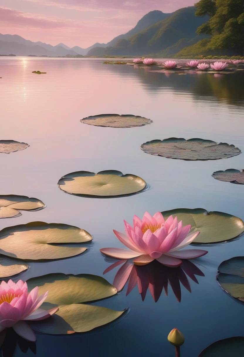 写实style, beach, cloud, Sky, water, flower, waterlily, Soft seat cushion, 莲flower, pink flower, No humans, plant, landscape, still life, impressionist watercraft, many (style) (masterpiece:1.2), best quality, high resolution, Original, Extremely detailed wallpaper, Perfect lighting,(Extremely detailed:1.2), , brush