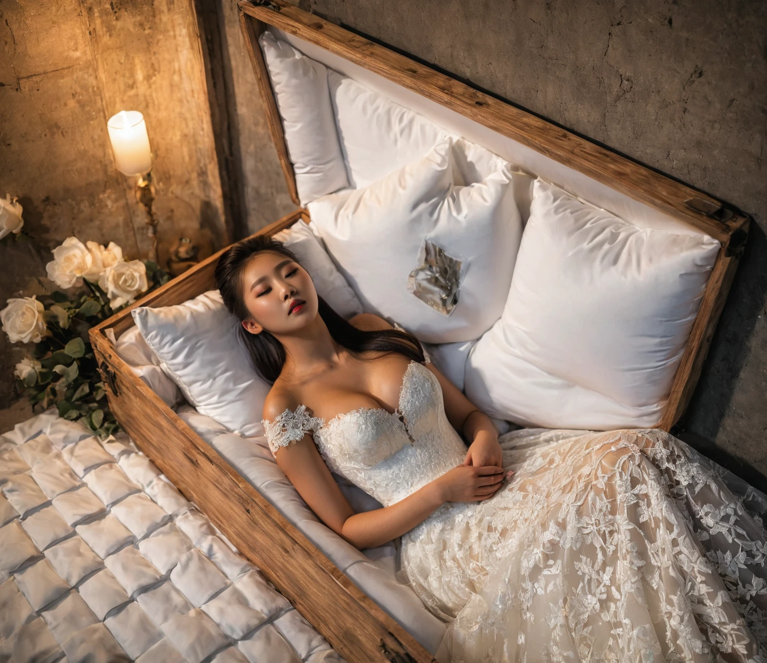 A provocative and sensual image unfolds before us. Two Korean girls, 22 years old, lie asleep in a deep, black coffin surrounded by plush pillows. They wear see-through wedding dresses with lace details, off-shoulder designs, sleeve, and huge skirts that cascade around their bodies. The dresses are cut low to showcase their beautiful breasts, fixed with a subtle cleavage cutout. Their faces are flawless, with perfect eyebrows, eyelashes, and skin tone. One girl's hair is styled in a ponytail with bangs framing her face, while the other has a bun adorned with wisps of hair framing her closed eyes. The overall atmosphere is one of intimacy and sensuality, with saturated colors enhancing the mood. Note the visible breasts and perfectly manicured hands that peek out from beneath the skirts, which are strategically covered to conceal their legs, ba11g0wn