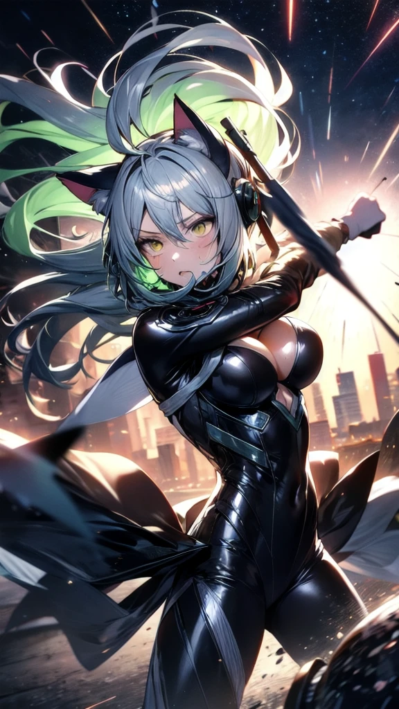 A silver-haired beautiful girl with cat ears eyes are green hair is silver and long clothes: a form-fitting black combat suit The fist is an afterimage The background is a city at night her is in a cat-like fighting pose The year is 14 years monitor, Dark Night, Sweat, Steam of Exhalation, Space, Battle, Dynamic Angle　one girl