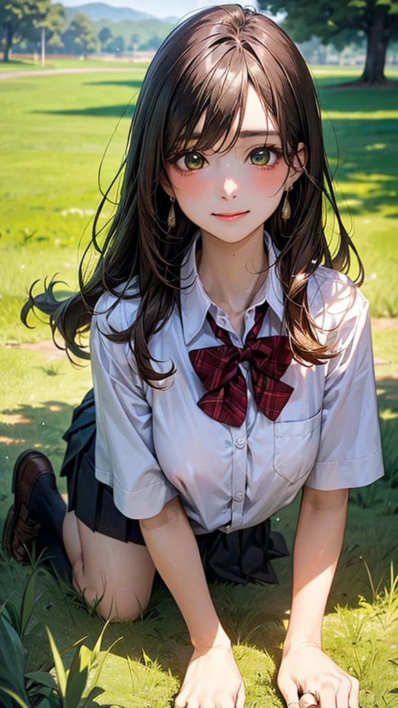 (masterpiece:1.2, top-quality), (realistic, photorealistic:1.4), beautiful illustration, (natural side lighting, movie lighting),
looking at viewer, cowboy shot, front view:0.6, 1 girl, japanese, high school girl, perfect face, cute and symmetrical face, shiny skin,
(long hair:1.8, straight hair:1.7, light brown hair), parted bangs, emerald green eyes, long eye lasher, (large breasts:0.9, thick thighs),
beautiful hair, beautiful face, beautiful detailed eyes, beautiful clavicle, beautiful body, beautiful chest, beautiful thigh, beautiful legs, beautiful fingers,
((, white collared shirts, black pleated mini skirt, black socks, brown loafers, red bow tie)), break, hoop ring earrings, pink panties, dark blue school bag, violet cardigan, break,
(beautiful scenery), evening, riverside, walking, hands on chest, (lovely smile, upper eyes), A masterpiece, top quality, highest definition, 32K, one big dog, one beautiful woman. Platinum blonde, straight hair in one length. Slit eyes, green eyes, model like, beautiful,
shirt, mini tight skirt. On all fours in a grassy field, a dog hugs the woman's back.
Woman's face, bright red, flushed,One large dog on all fours, a girl, on all fours in a grassy meadow, the dog is holding the woman from behind, close to her waist, and mating with her.
.A girl is on all fours in a grassy field. She is carrying a large dog on her back and mating with him.
Her face is bright red and flushed, her brow is furrowed, her eyes are closed, and her mouth is open in anguish.
Her nipples stand out, even in her shirt.
(Very short skirt)