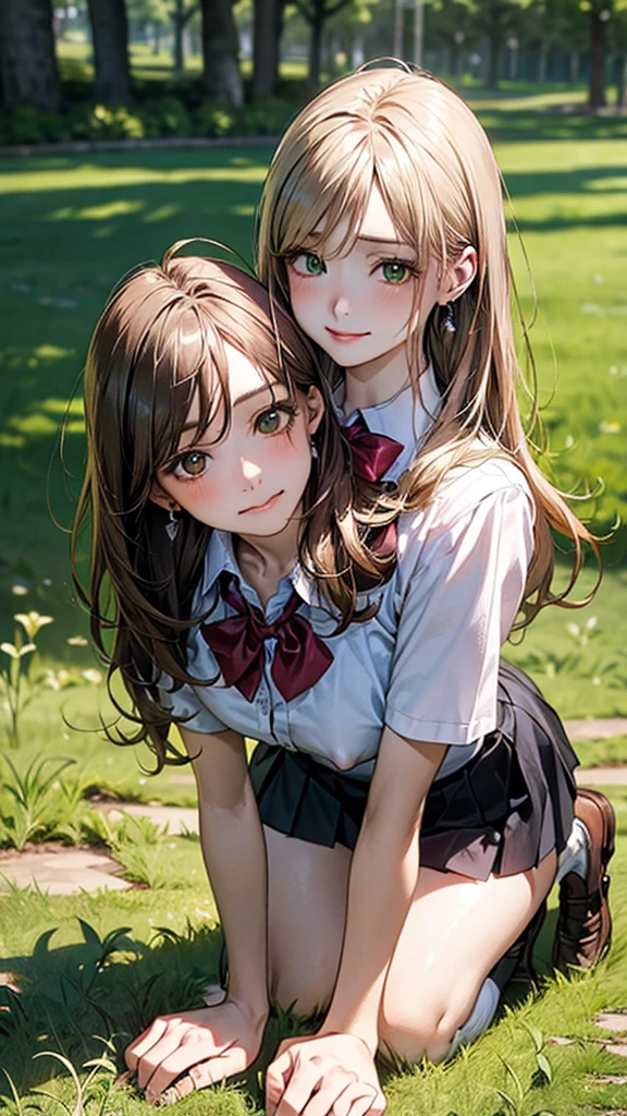(masterpiece:1.2, top-quality), (realistic, photorealistic:1.4), beautiful illustration, (natural side lighting, movie lighting),
looking at viewer, cowboy shot, front view:0.6, 1 girl, japanese, high school girl, perfect face, cute and symmetrical face, shiny skin,
(long hair:1.8, straight hair:1.7, light brown hair), parted bangs, emerald green eyes, long eye lasher, (large breasts:0.9, thick thighs),
beautiful hair, beautiful face, beautiful detailed eyes, beautiful clavicle, beautiful body, beautiful chest, beautiful thigh, beautiful legs, beautiful fingers,
((, white collared shirts, black pleated mini skirt, black socks, brown loafers, red bow tie)), break, hoop ring earrings, pink panties, dark blue school bag, violet cardigan, break,
(beautiful scenery), evening, riverside, walking, hands on chest, (lovely smile, upper eyes), A masterpiece, top quality, highest definition, 32K, one big dog, one beautiful woman. Platinum blonde, straight hair in one length. Slit eyes, green eyes, model like, beautiful,
shirt, mini tight skirt. On all fours in a grassy field, a dog hugs the woman's back.
Woman's face, bright red, flushed,One large dog on all fours, a girl, on all fours in a grassy meadow, the dog is holding the woman from behind, close to her waist, and mating with her.
.A girl is on all fours in a grassy field. She is carrying a large dog on her back and mating with him.
Her face is bright red and flushed, her brow is furrowed, her eyes are closed, and her mouth is open in anguish.
Her nipples stand out, even in her shirt.
(Very short skirt)