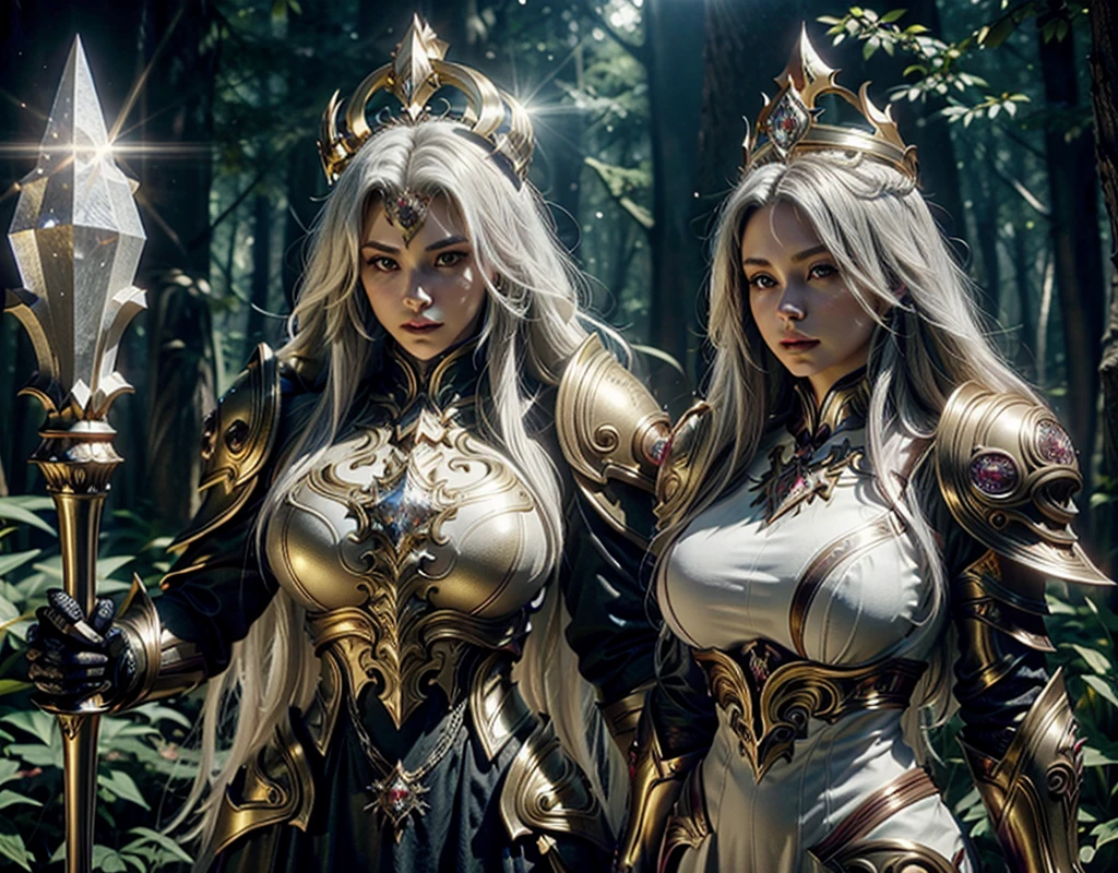  She's facing me staring at me. In a pleasant forest on a clear day, there is a full-body woman highlighting her remains of her rasp feathers. A goddess with long white hair, ultra detailed eyes, golden crown, holding a staff with large magic crystal in the white glowing center, wearing a blue costume of paladin powers, futuristic. Templar Armor with Fine Gold Accents, Details:1.2) 4K ultra-HD, digital SLR, soft lighting, high quality, 