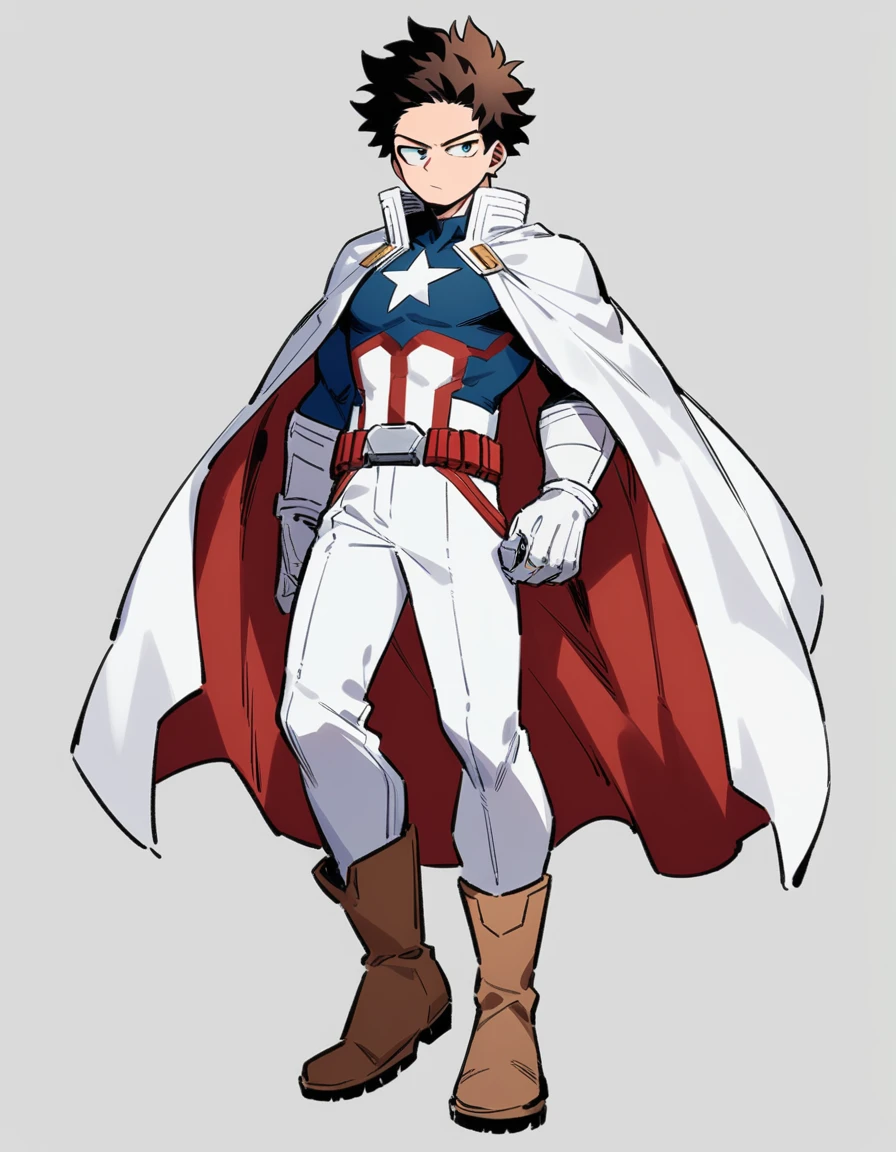 One boy, male focus, brown short hair, boku no hero academia, Izuku Midoriya look alike, masterpiece, best quality, very aesthetic, red, blue, white super hero suit, cape, boots, captain America like, proportionally anatomical, full body illustration, casual front pose.