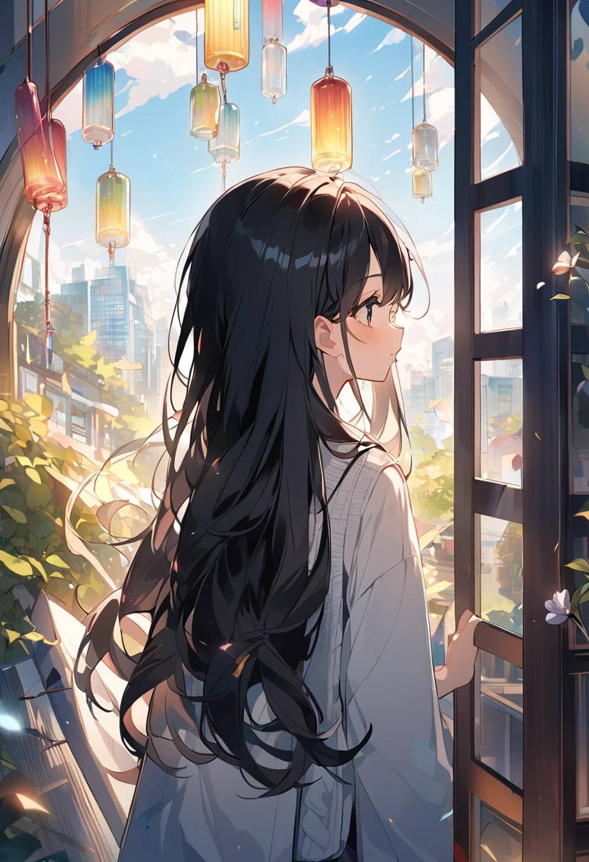 wind chimes、high school girl、Private Server、Modern、anime、Back view、Long Hair、Black Hair、wind chimes、🎐、The window is open、The wind is blowing、