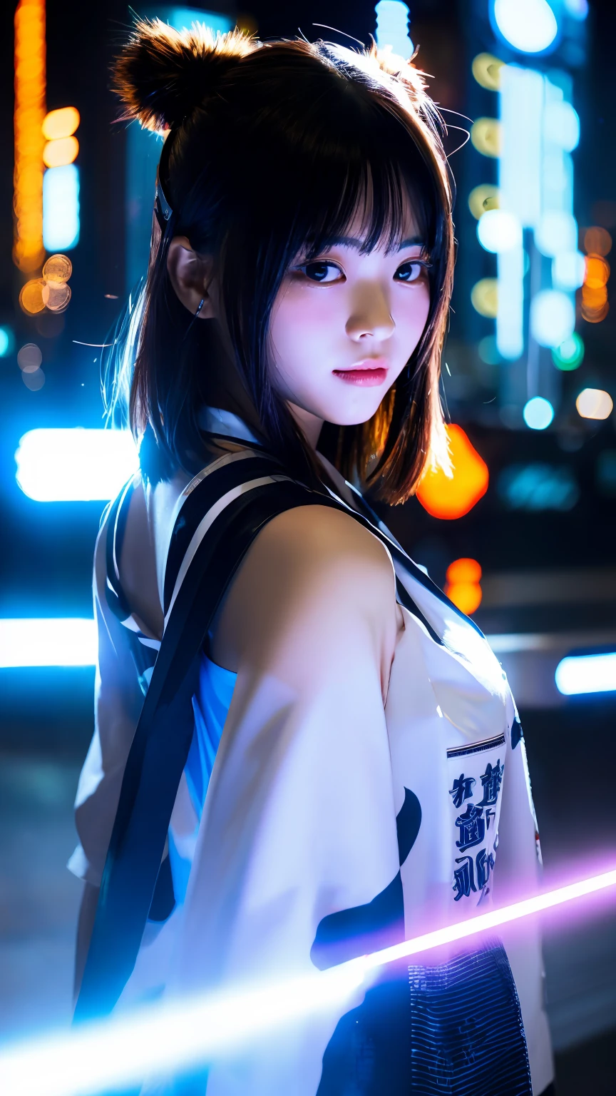 Japanese、One girl, Cyberpunk themed costume, Blue light effect, Dynamic light effects,