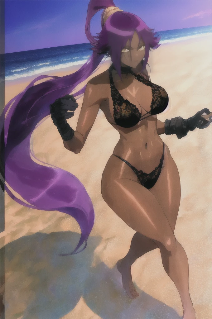 (best quality, highres:1.1), shihouin yoruichi, wearing a black lace lingerie, 1girl, solo, dark skinned female, dark skin, ponytail long hair, parted bangs, purple hair, yellow eyes, open navel (visible navel), outdoors, beach (clouds on the background, usual ocean, sand), standing on sand, full body view, full visible legs, visible foots, hourglass figure,