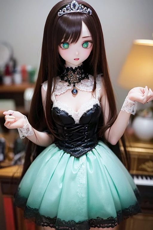 (SFW:2), photorealistic, realistic photo, 8k, ((highest quality)), ((masterpiece)), (extremely detailed), kukolnydom, doll, (woman, 19yo, 19 years old:1.6), solo, ((cowboy shot, standing, slim, slender, skinny, medium breasts, princess dress, tiara, castle)), (green eyes, brown hair, long hair, plastic skin, looking at another, glass eyes, gradient eyes, shining eyes, detailed eyes:1.3)
