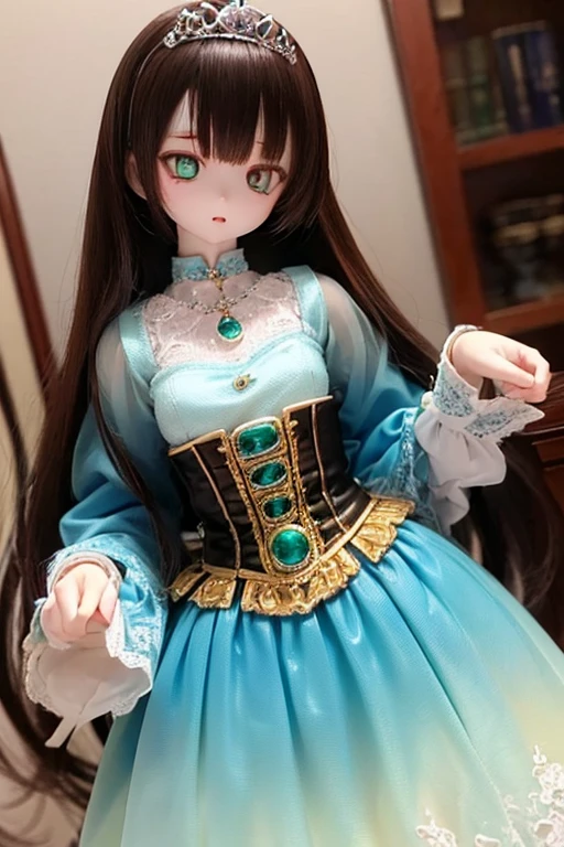 (SFW:2), photorealistic, realistic photo, 8k, ((highest quality)), ((masterpiece)), (extremely detailed), kukolnydom, doll, (woman, 19yo, 19 years old:1.6), solo, ((cowboy shot, standing, slim, slender, skinny, medium breasts, princess dress, tiara, castle)), (green eyes, brown hair, long hair, plastic skin, looking at another, glass eyes, gradient eyes, shining eyes, detailed eyes:1.3)