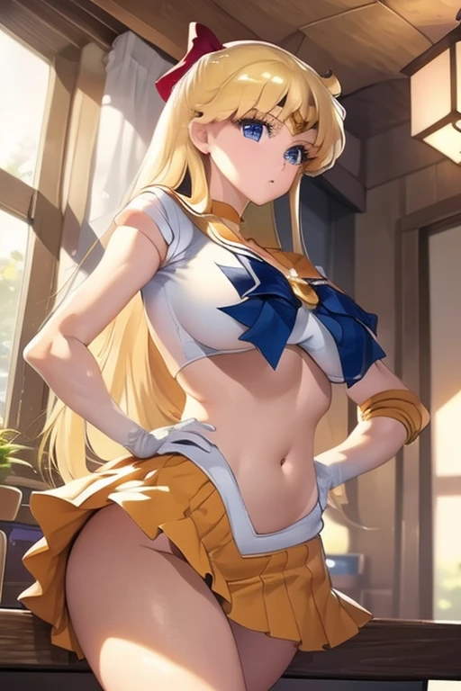 masterpiece、High resolution、high resolution、4K、8k、(((Stretch your legs and rotate your hips、Big Breasts、Exposing the breasts)))、((Shiny underwear)))、Sara Warrior Uniform、Beautiful beauty、Golden Hair、((whole body))、(((Photo taken from below)))、School、classroom、Large Breasts、Big Breastini skirt、Panties are black、Japanese、tall、Long limbs、18-year-old、Minako Aino、A beautiful nose like a model、Put your hands on your hips、Natural smile、Sexy pose、Hairstyle: Long hair、Beautiful belly button