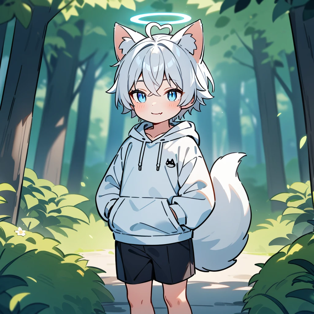（masterpiece：1.2，high quality），4K，High resolution，A seven-year-old boy，cute boy，white hair，short hair，crossed bangs，light blue eyes，slit pupils，heart ahoge，halo，cat ears，light smile，skin fang，Wearing a white hoodie，Black shorts，Stand in the forest，There are flowering trees on both sides.，primary school student，thigh，alone，dog tail，（Put your hands in your pockets），（（Put your hands in your pockets））