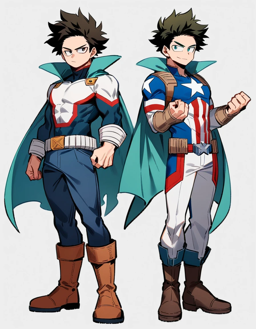 One boy, male focus, brown short hair, boku no hero academia, Izuku Midoriya look alike, masterpiece, best quality, very aesthetic, red, blue, white super hero suit, cape, boots, captain America like, proportionally anatomical, full body illustration, casual front pose.