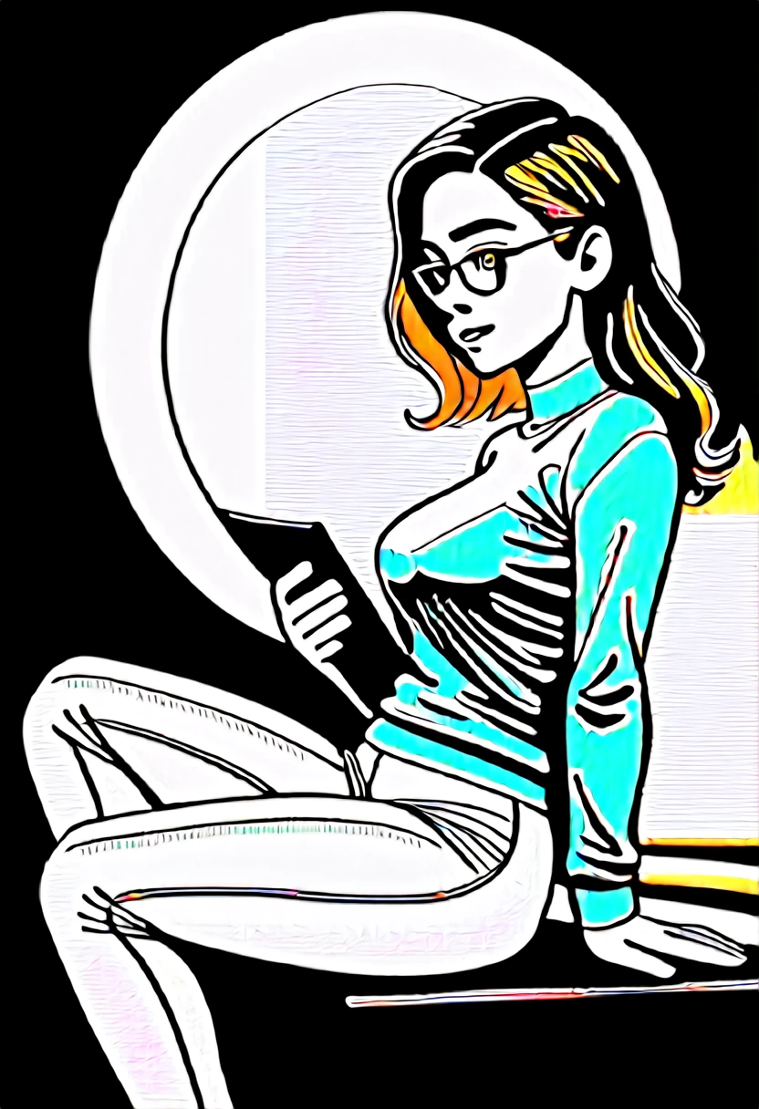 1girl, european girl, 18 years old, long light-brown hair, straight hair, curvy hair, a strand hair behind the ear, cute face, A thoughtful face, long green sweater, jeans, glasses, sitting, school camp, campfire, source_realictic, deatiling panting, brown eyes, detailing body, detailing face, side view, book in hand