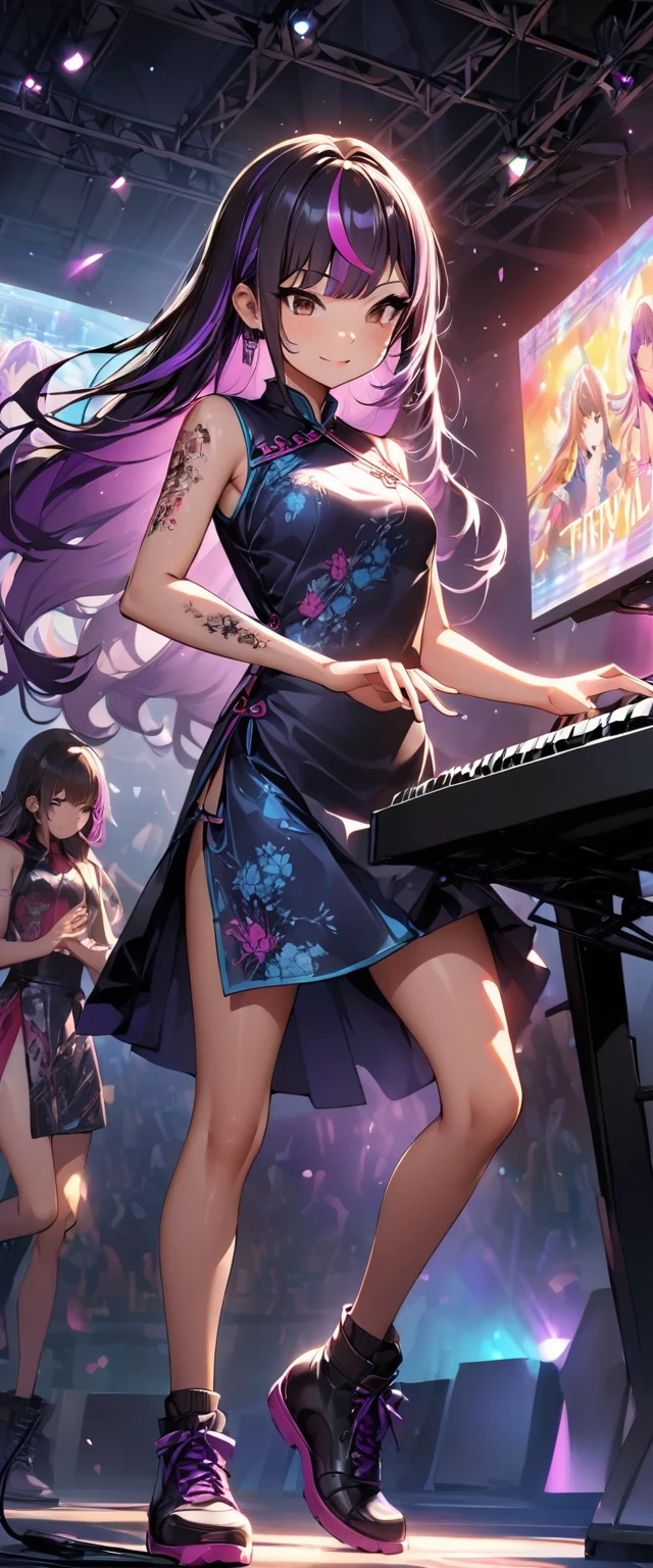 (highest quality:1.2, Very detailed, up to date, Vibrant, Ultra-high resolution, High Contrast, masterpiece:1.2, highest quality, Best aesthetics), Portraiture、girl、keyboard player、stage、performance、Rock Music、Bright colors、Beautiful fine details、Beautiful lip detail、long hair、black and purple ((streaked hair:1.6)), highlights hair: 1.5, brown eyes, slim body, (small breast:0.7), Music band、standing in keyboards booth, playing keyboards、(raise left hand high:1.5), Concert Light、Edgy Style、(colorful Cheongsam:1.2), (no sleeve:1), Dynamic Movement、hypnotic sounds、Stadium、amplifier、Loud music、(playing keyboards:1.6), (Floral Fineline tattoo design on left arm:1), Passionate performance、Sparkling stage、Concert atmosphere、Music Festival、Full of emotion、Rock star attitude、Resolute expression、Avid Fan、The presence of an attractive stage、 Expressive gestures、Rock star aura、An exciting atmosphere、An unforgettable show, closs earing, (full body:1.5)