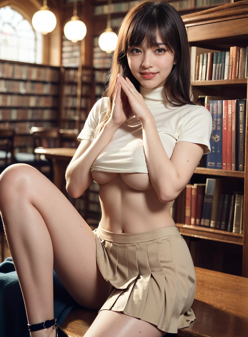(((neat woman, perverted:1.9,dressed up,deep make up:1.8,touch own nipples over clothes:1.9,little pussy juice:1.9))),(((sitting on the desk,kind big smile:1.8,blush:1.8,deep cheek:1.8))),please touch me,eat me,tempting viewer,i want you))),(((blush,blush,deep cheek,deep cheek)))),(cinematic lighting), (Photo real:1.4)、(A hyper-realistic:1.4)、(Photorealistic:1.3)、 (gentle lighting: 1.05)、(Improve the lighting quality of your video:0.9)、 32k、25years old woman、photorealistic lighting、Back lighting、Facial Lights、Ray Trace、(bright:1.2)、(Increase quality:1.4)、 (best quality real texture skin)、Fair eyes,delicate face、 Close-up of the face, ((((Wearing the tight black striped cotton t-shirts,high-neck,all white cute panties:1.5,high-heel:1.4))),(Bodyline mood improvement:1.1)、Glossy skin、good figure,perfect anatomy,Beautiful actress,(((beautiful huge soft breasts:1.8,slender waist,slender hip,long slender legs,8heads tall))),(((8heads tall))),(((brown wavy midium hair,bangs))),(((sweat skin,shiny skin,in the beautiful library,super clean night view,in the night))),